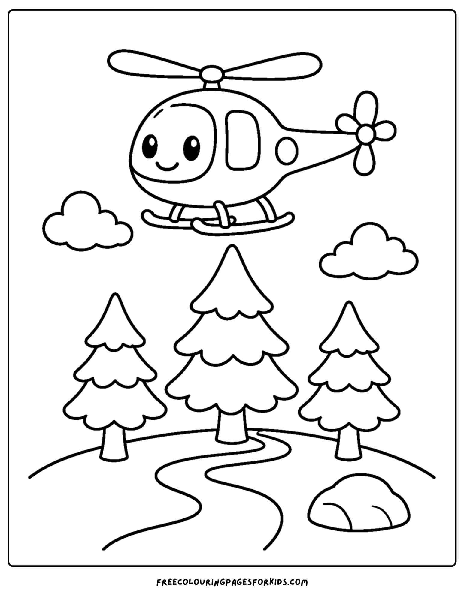 a coloring page of a helicopter flying over tall forest trees
