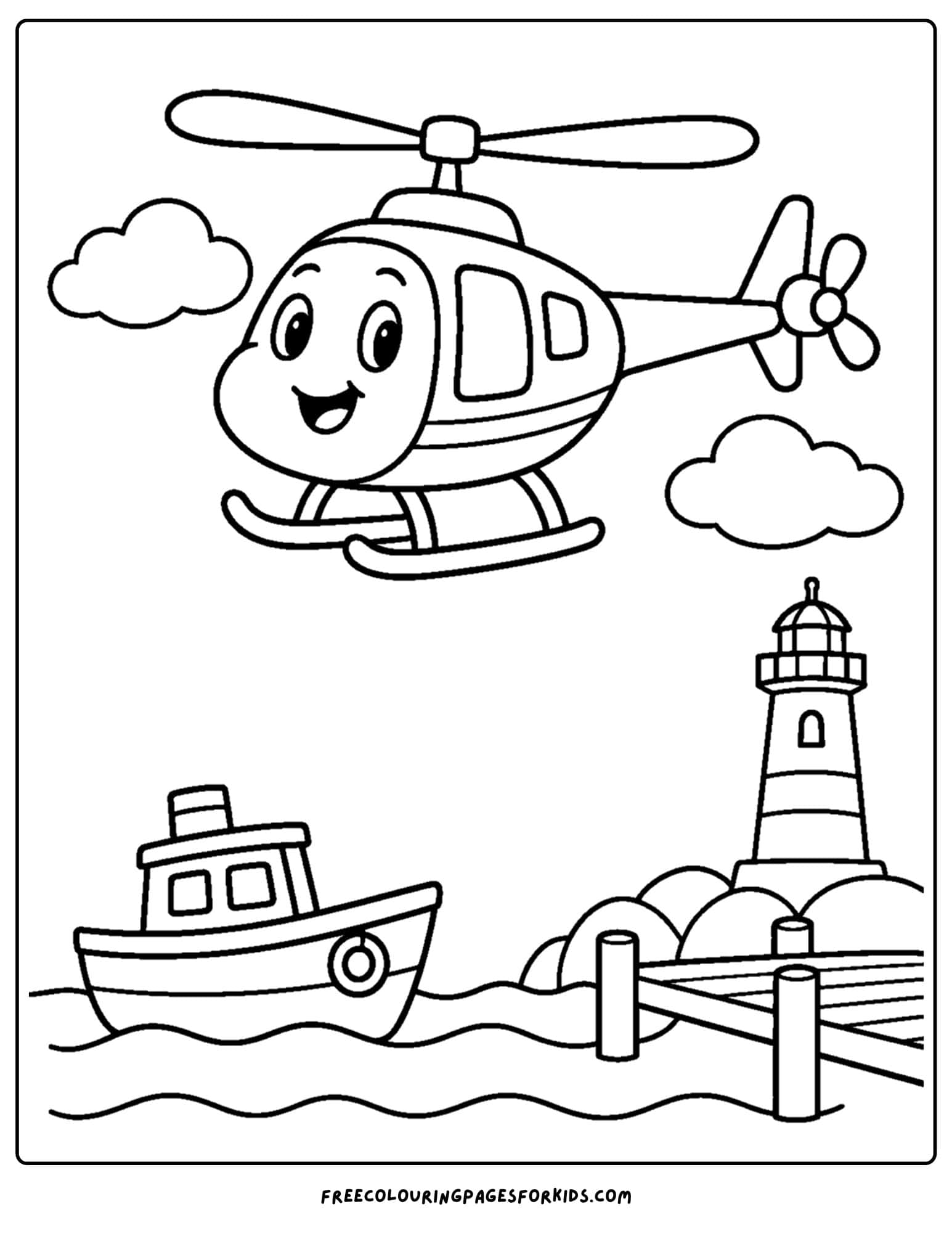 a coloring page of a helicopter flying over a harbor with a boat docked