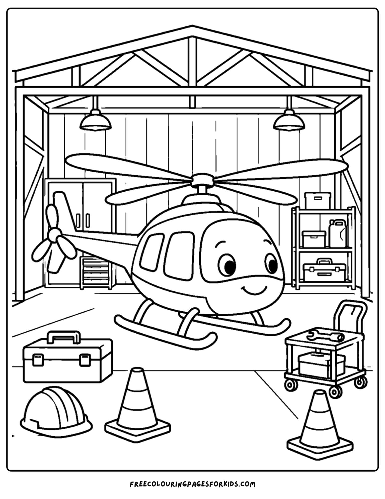 a coloring page of a helicopter inside an airport hangar