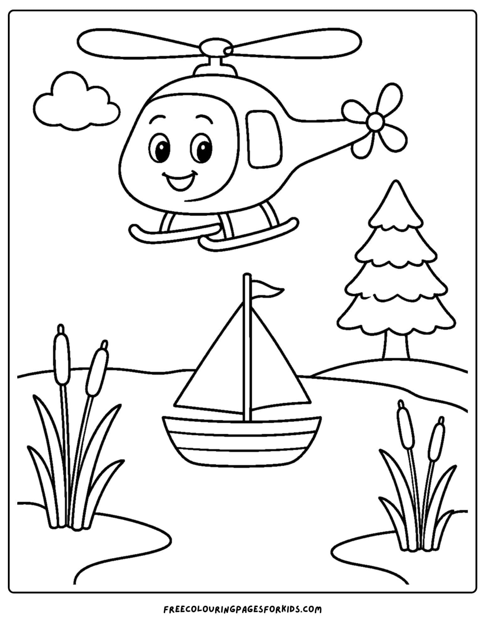 a coloring page of a helicopter flying over a sailboat on a lake