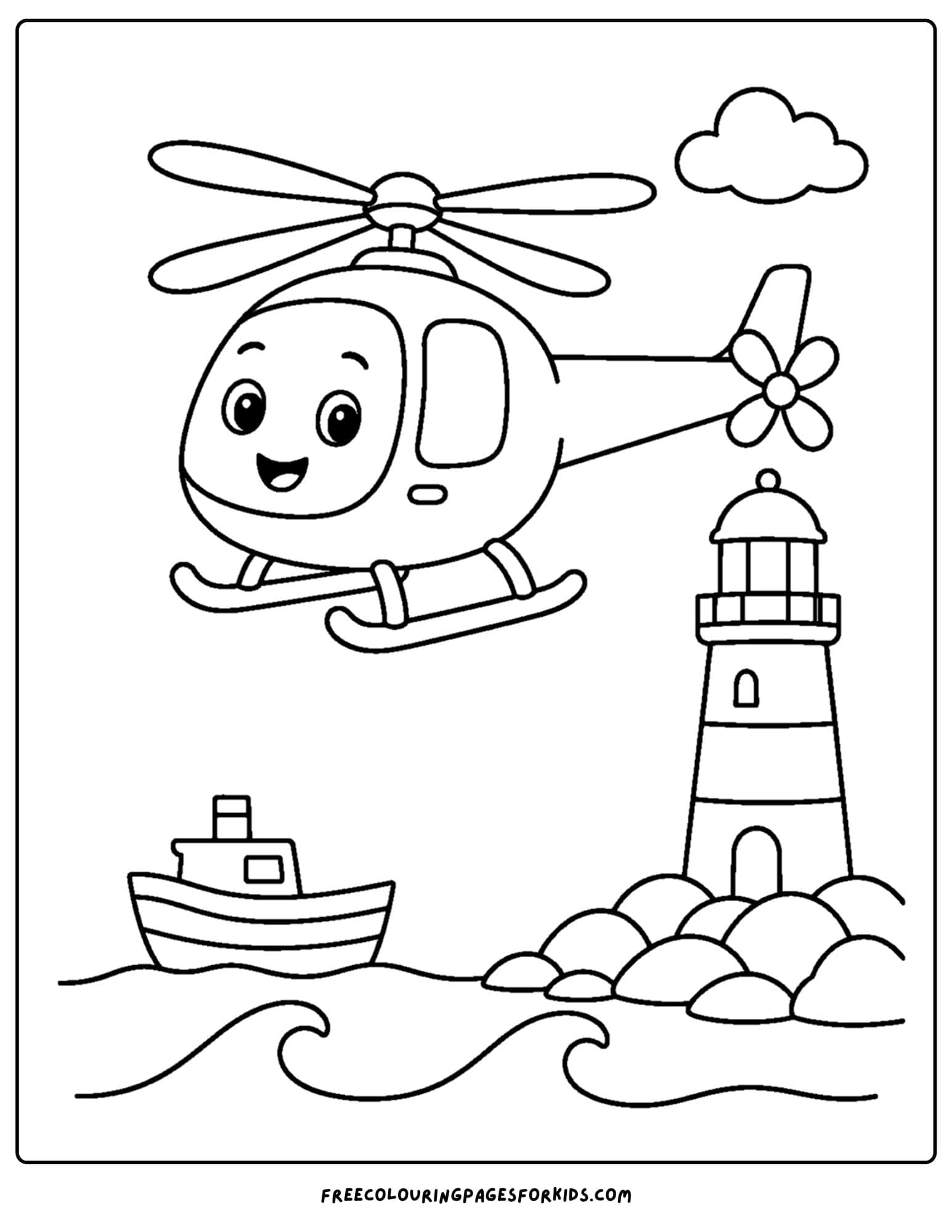 a coloring page of a helicopter flying over a lighthouse and the coastline