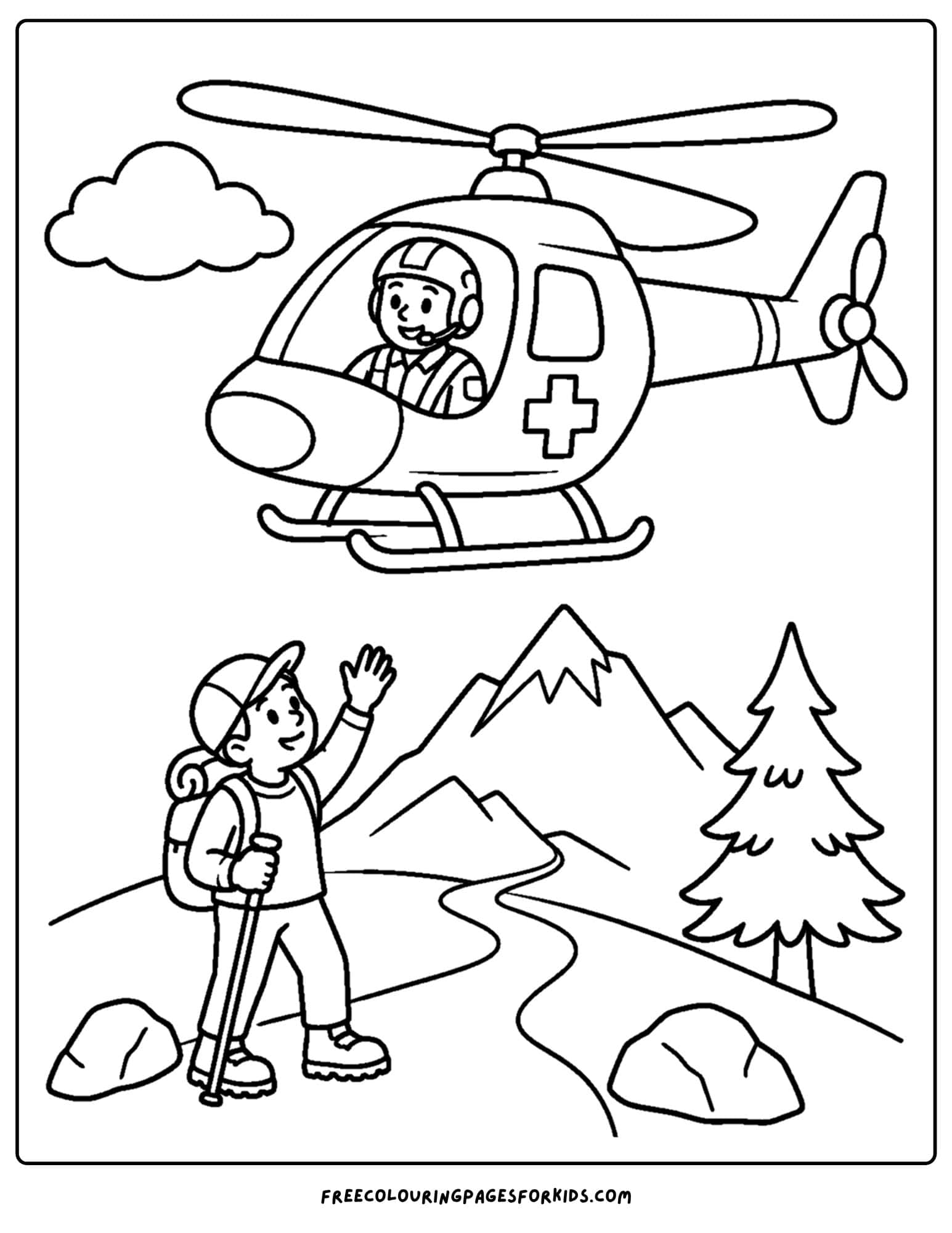 a coloring page of a helicopter flying up to perform a mountain rescue