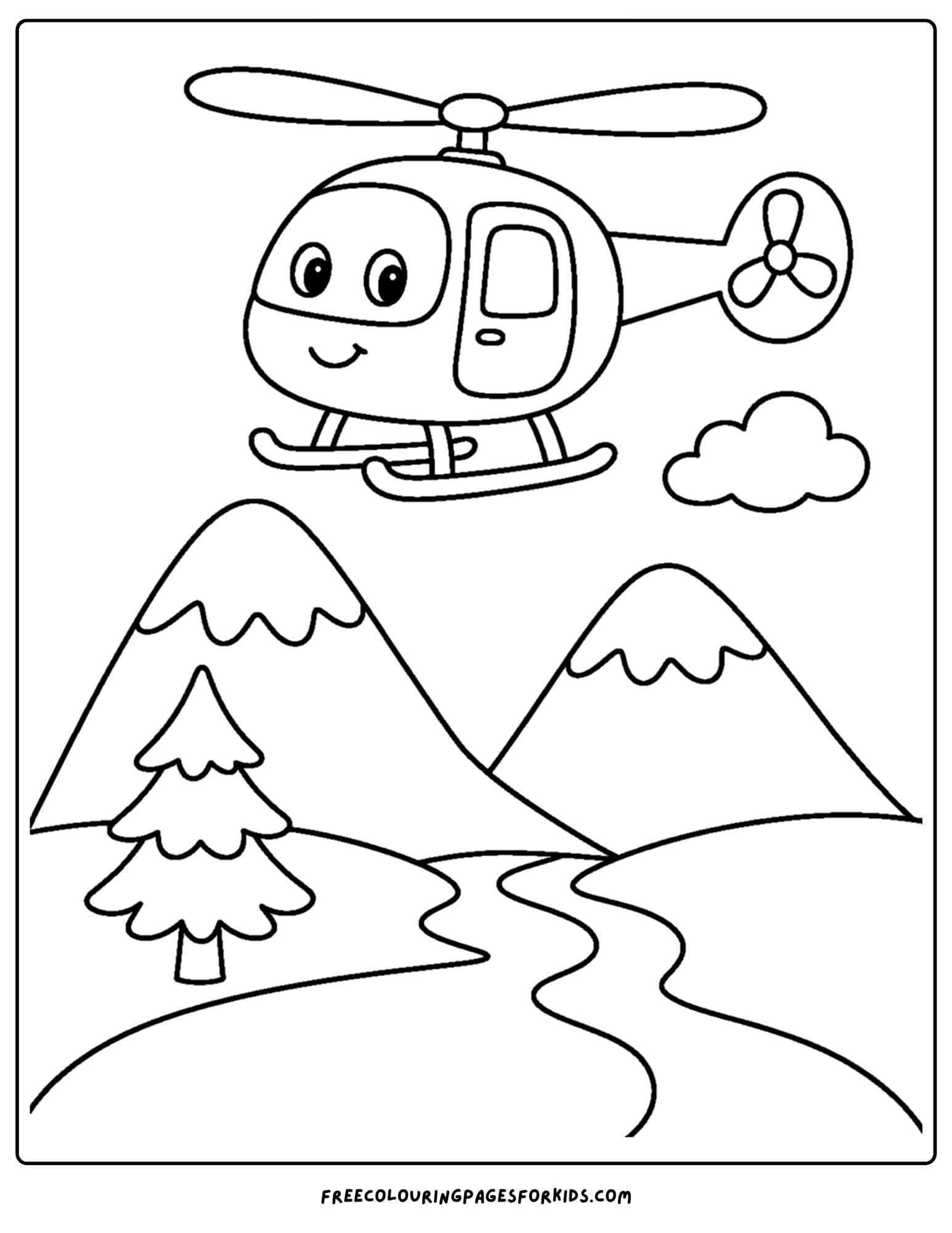 a coloring page of a helicopter flying over a river and mountains