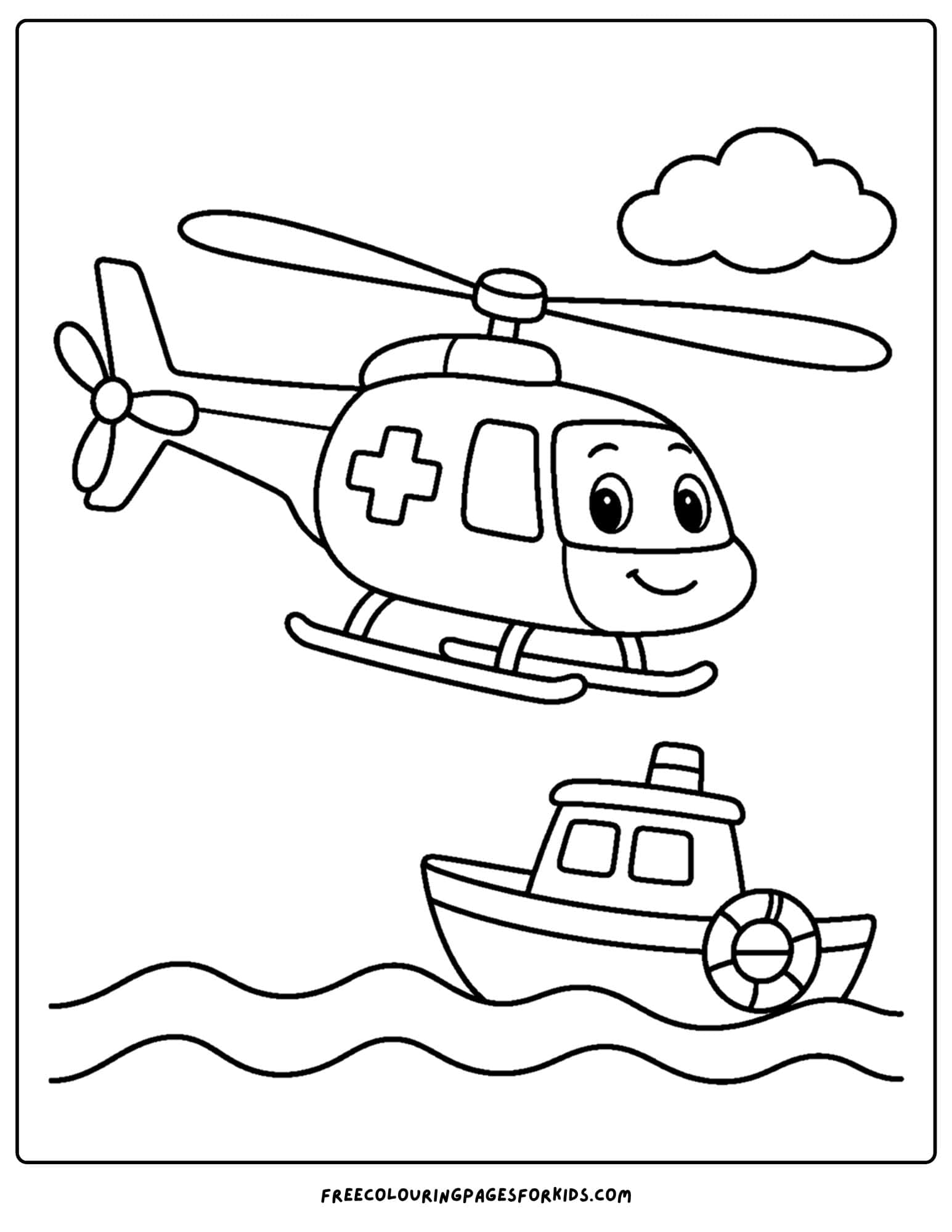 a coloring page of a helicopter flying out to a rescue at sea