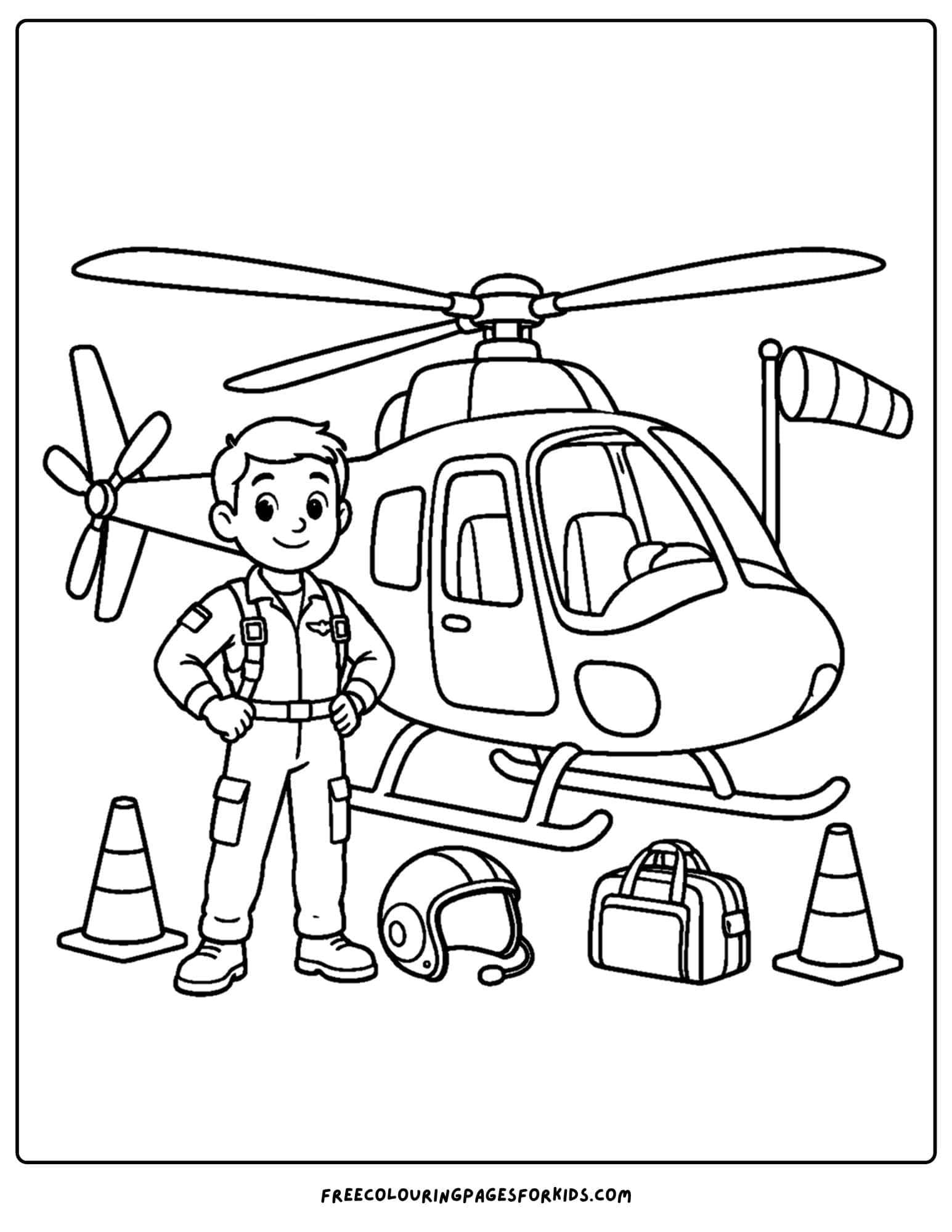 a coloring page of a helicopter with the pilot