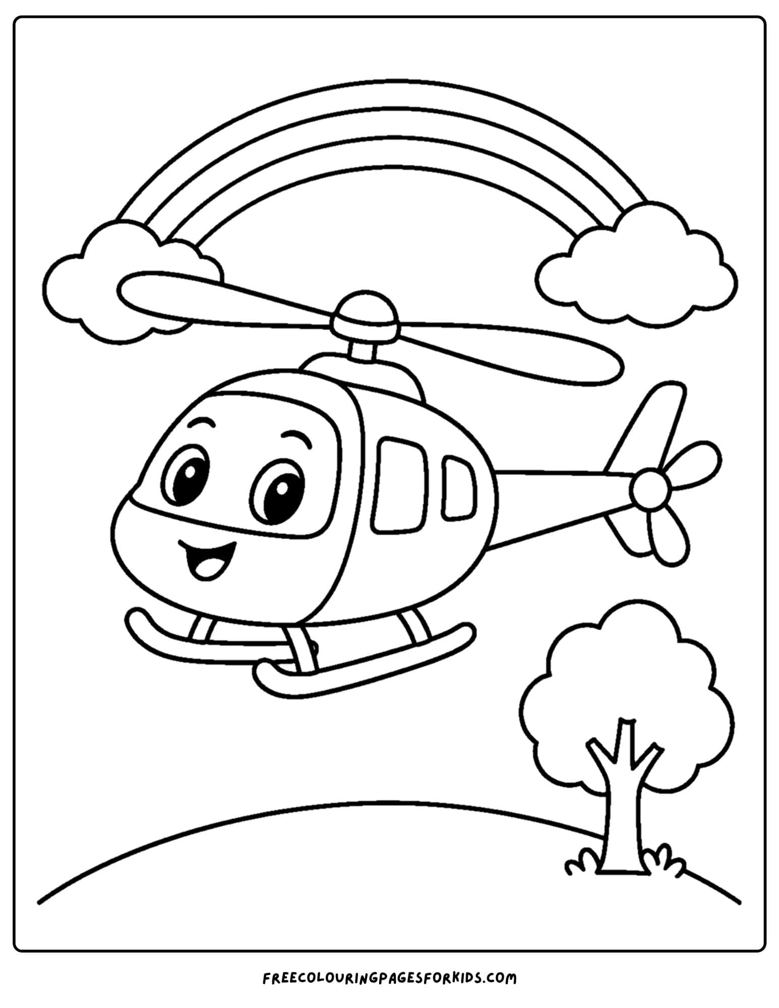 a coloring page of a helicopter flying over under a rainbow