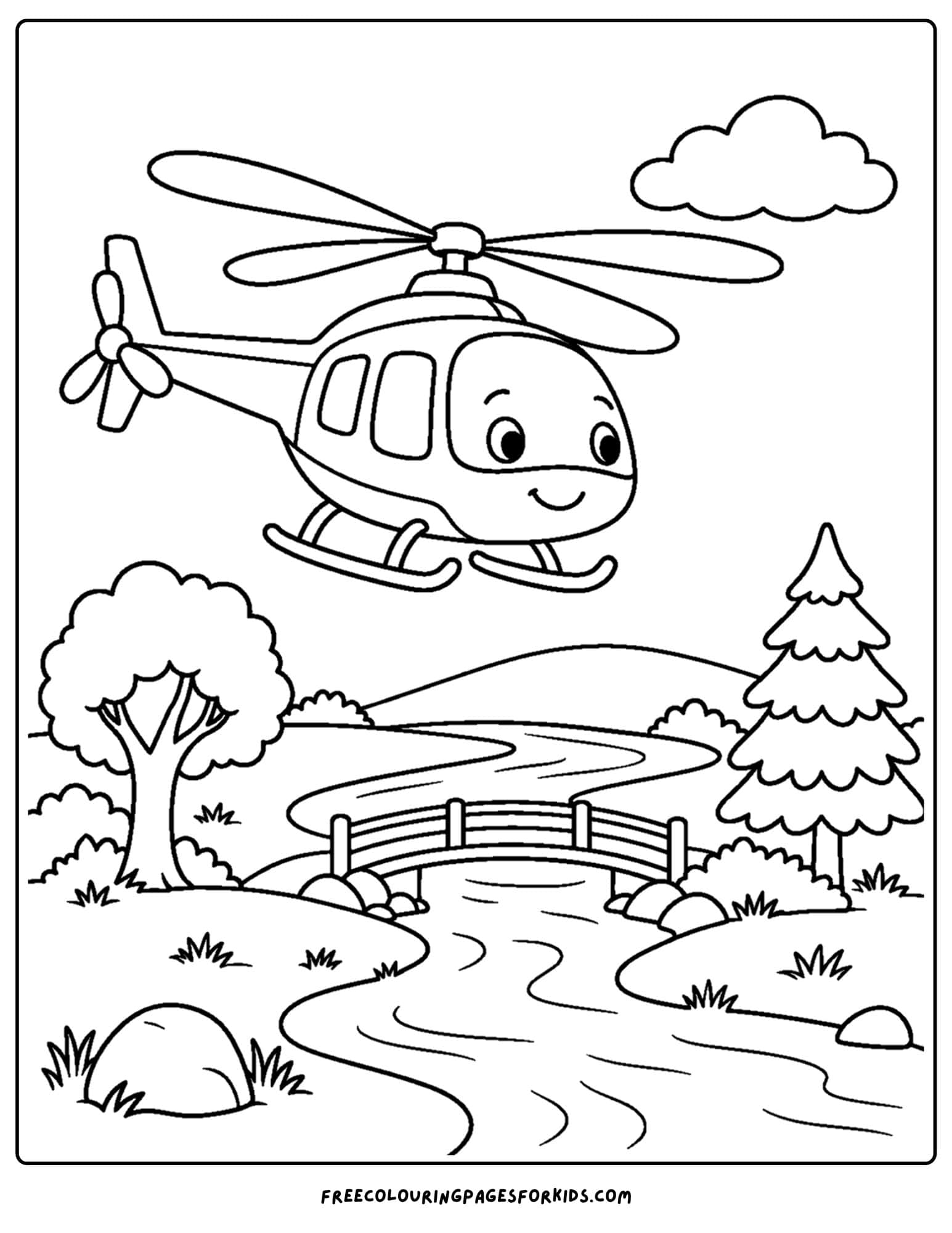 a coloring page of a helicopter flying over a river and bridge