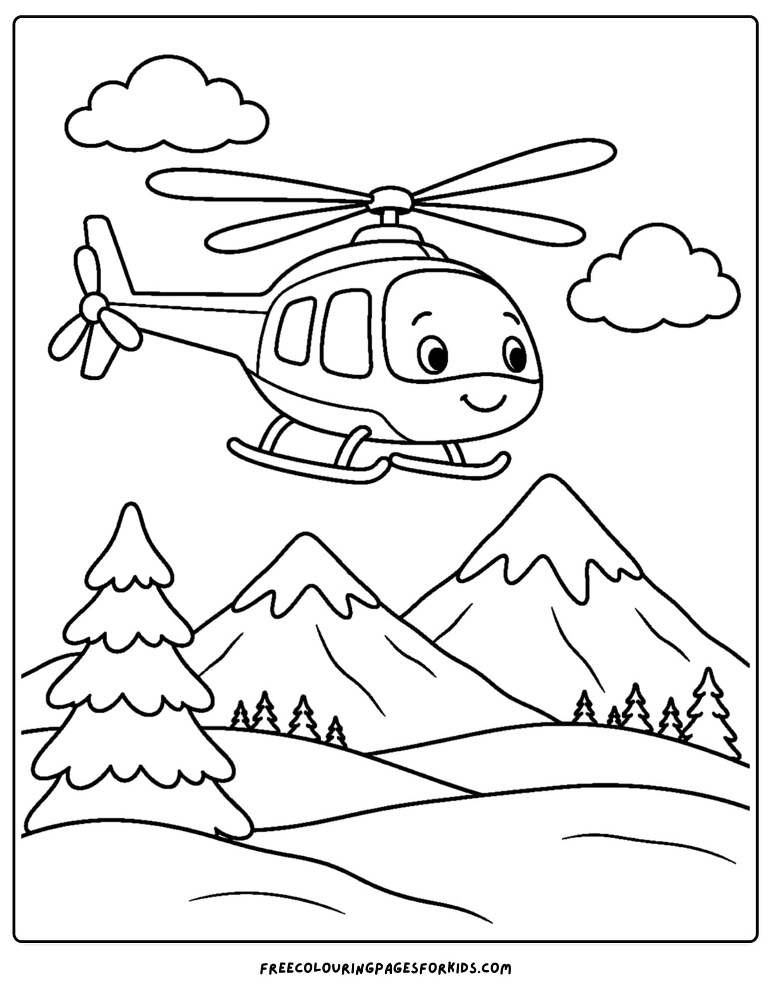 a coloring page of a helicopter flying over a snowy mountains