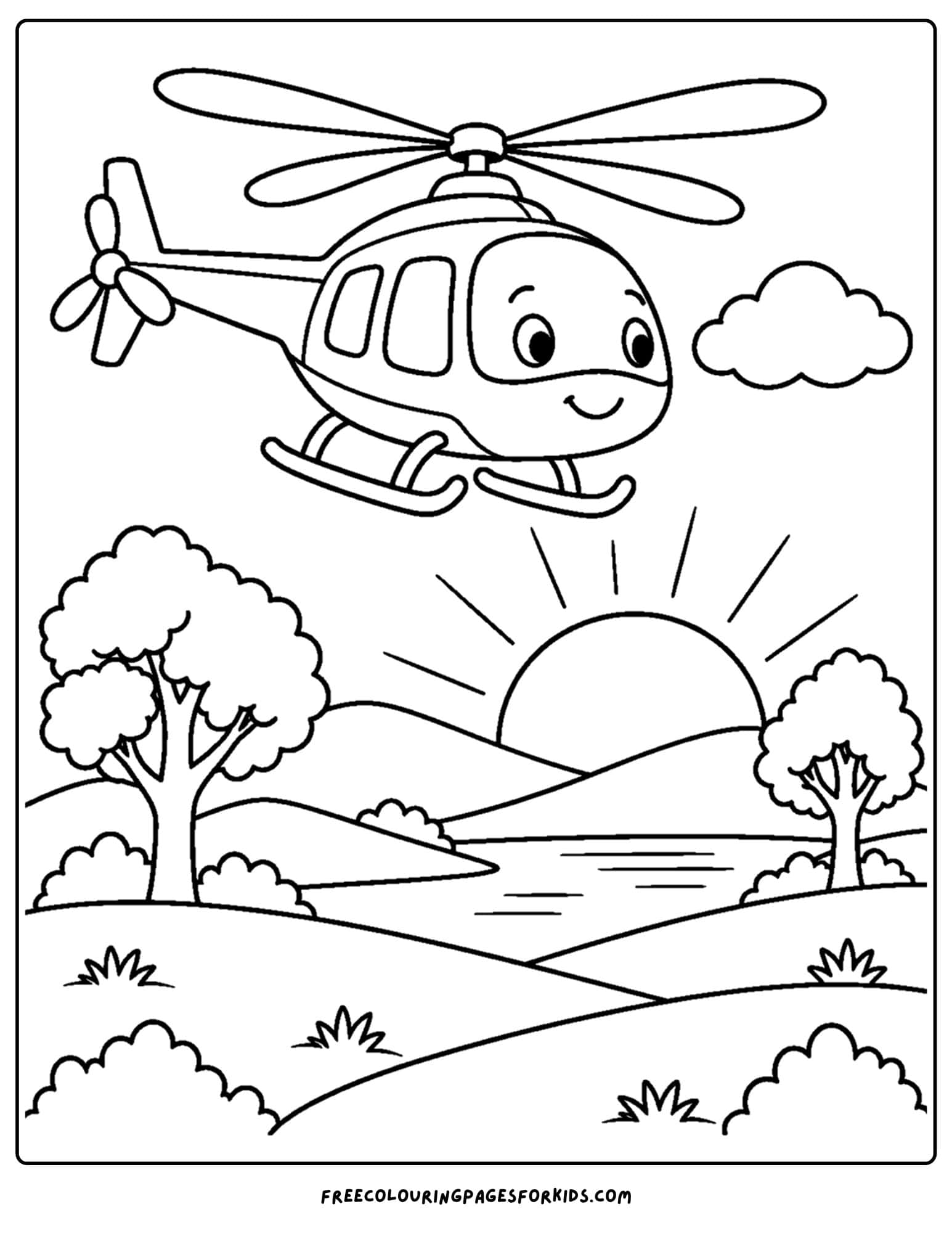 a coloring page of a helicopter flying over a field at sunset