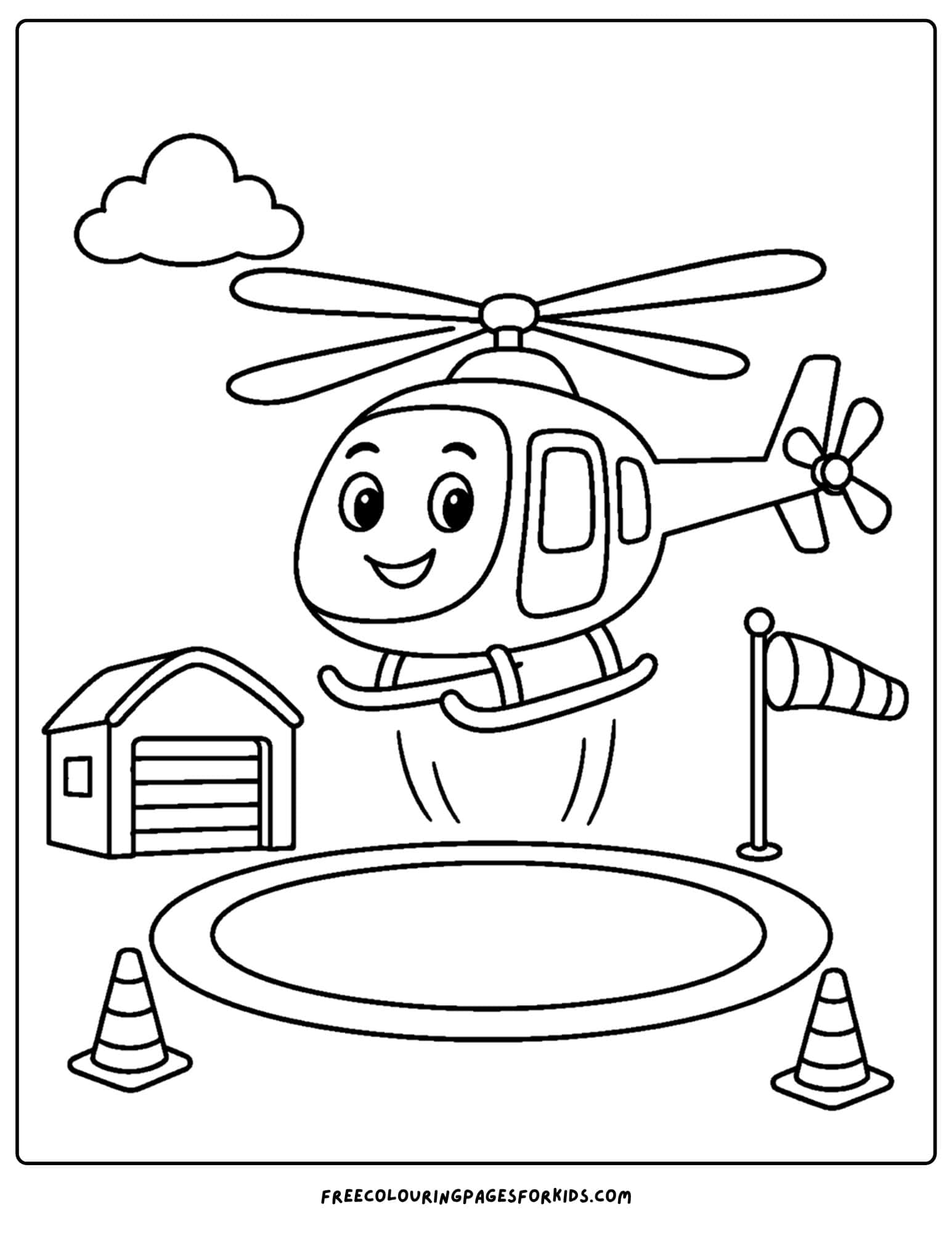 a coloring page of a helicopter flying off from an airport