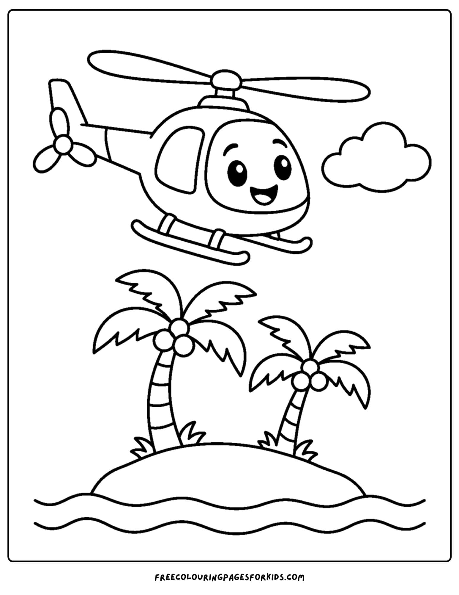 a coloring page of a helicopter flying over a tropical island