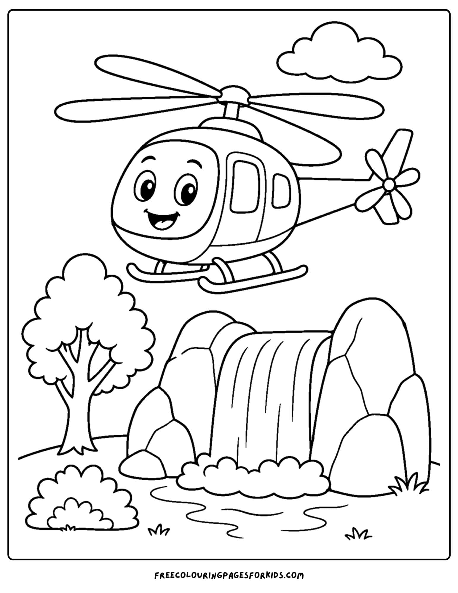 a coloring page of a helicopter flying over a waterfall