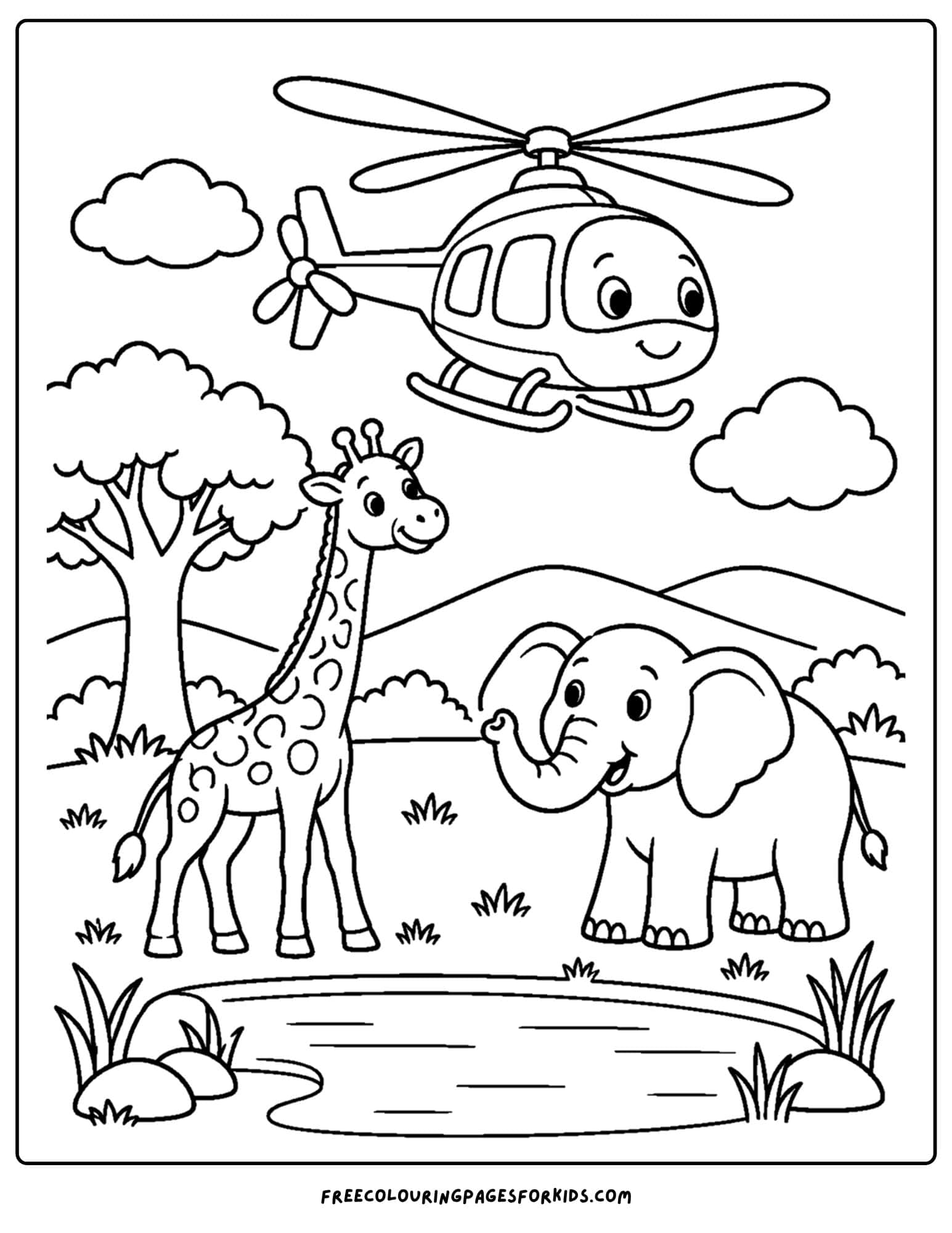 a coloring page of a helicopter flying over a wildlife park