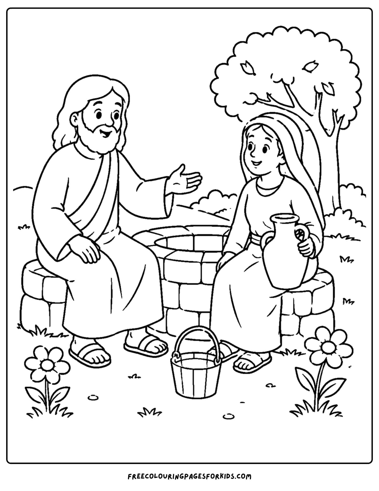 a coloring page of jesus and a good samaritan woman