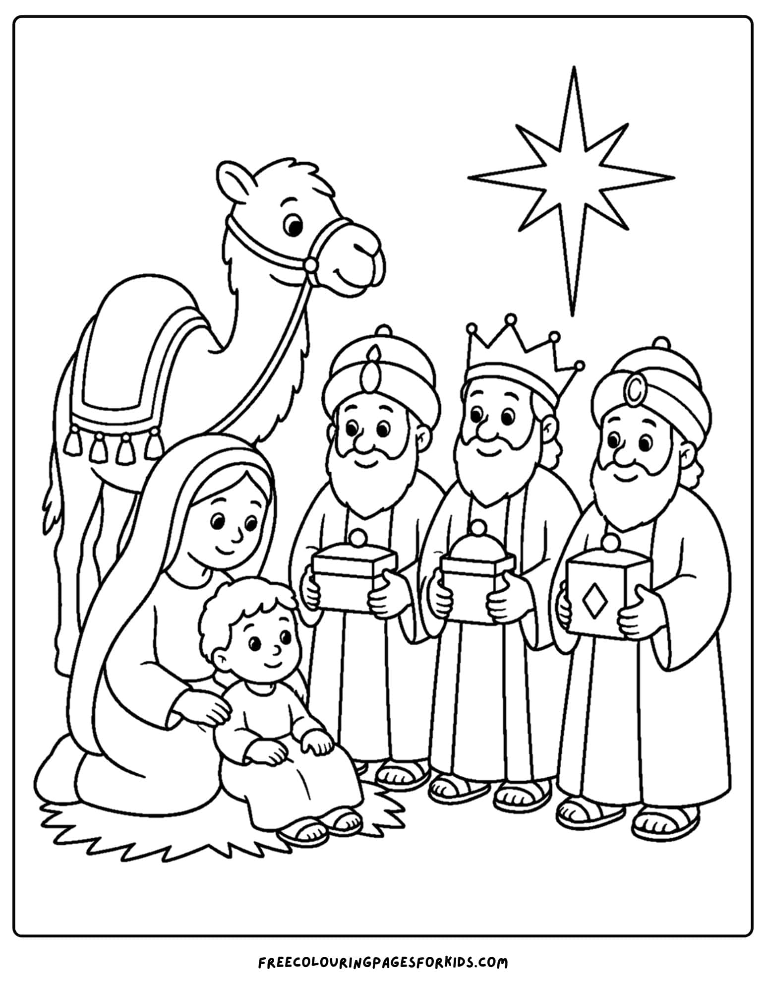 a coloring page of jesus and the wise men