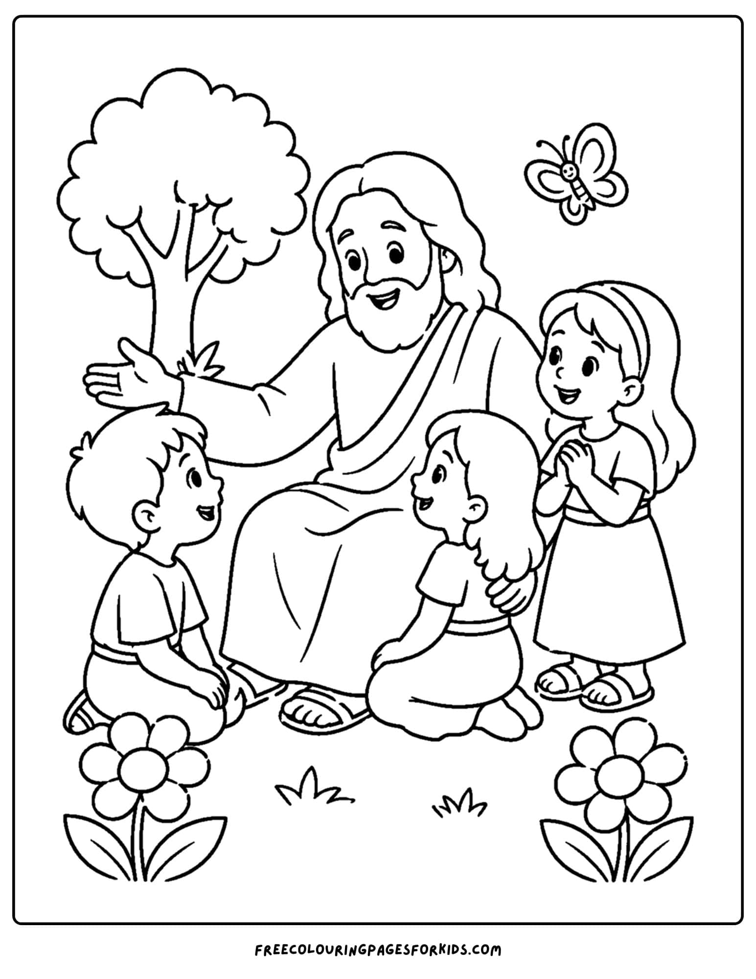 a coloring page of jesus blessing the children
