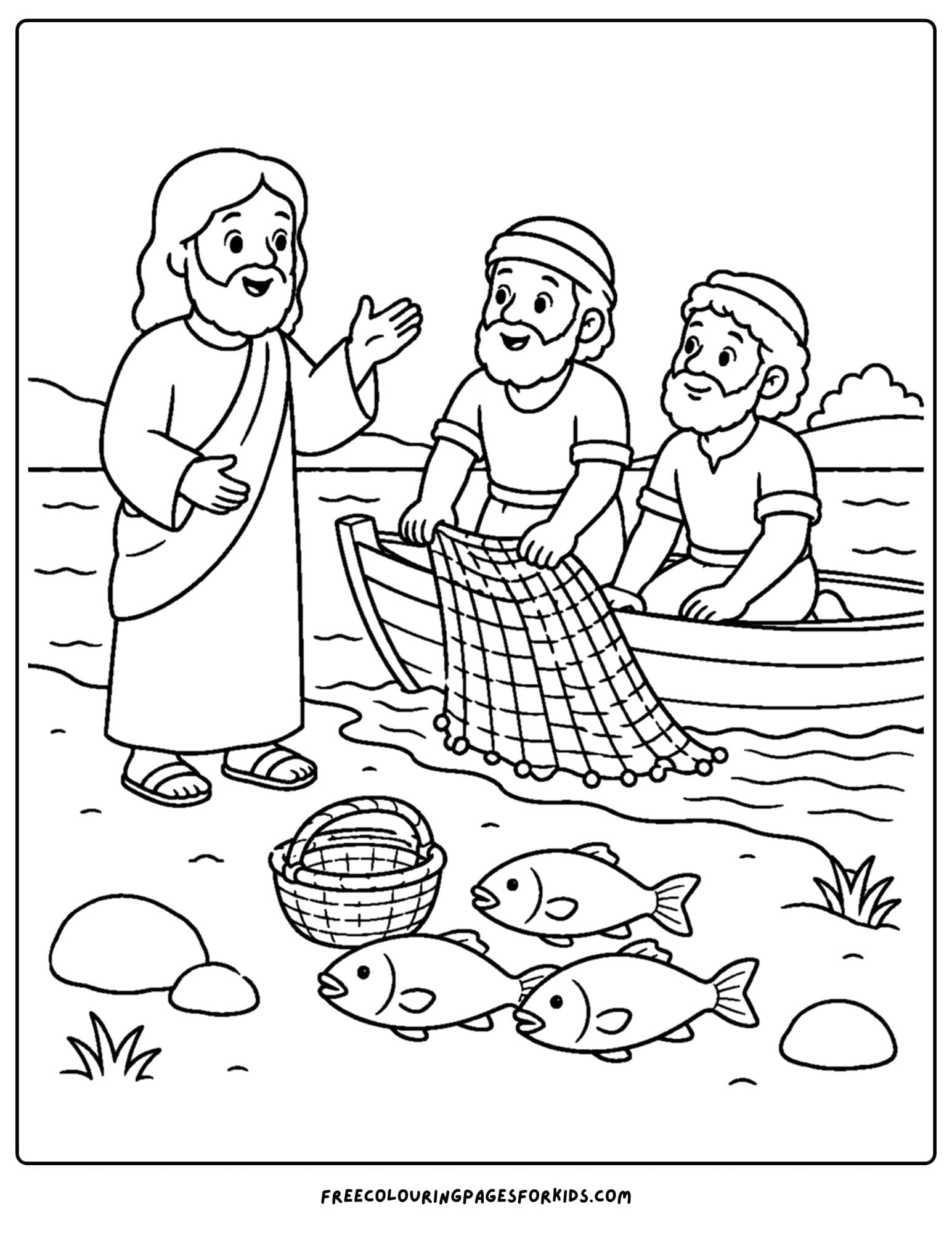 a coloring page of jesus calling the fishermen