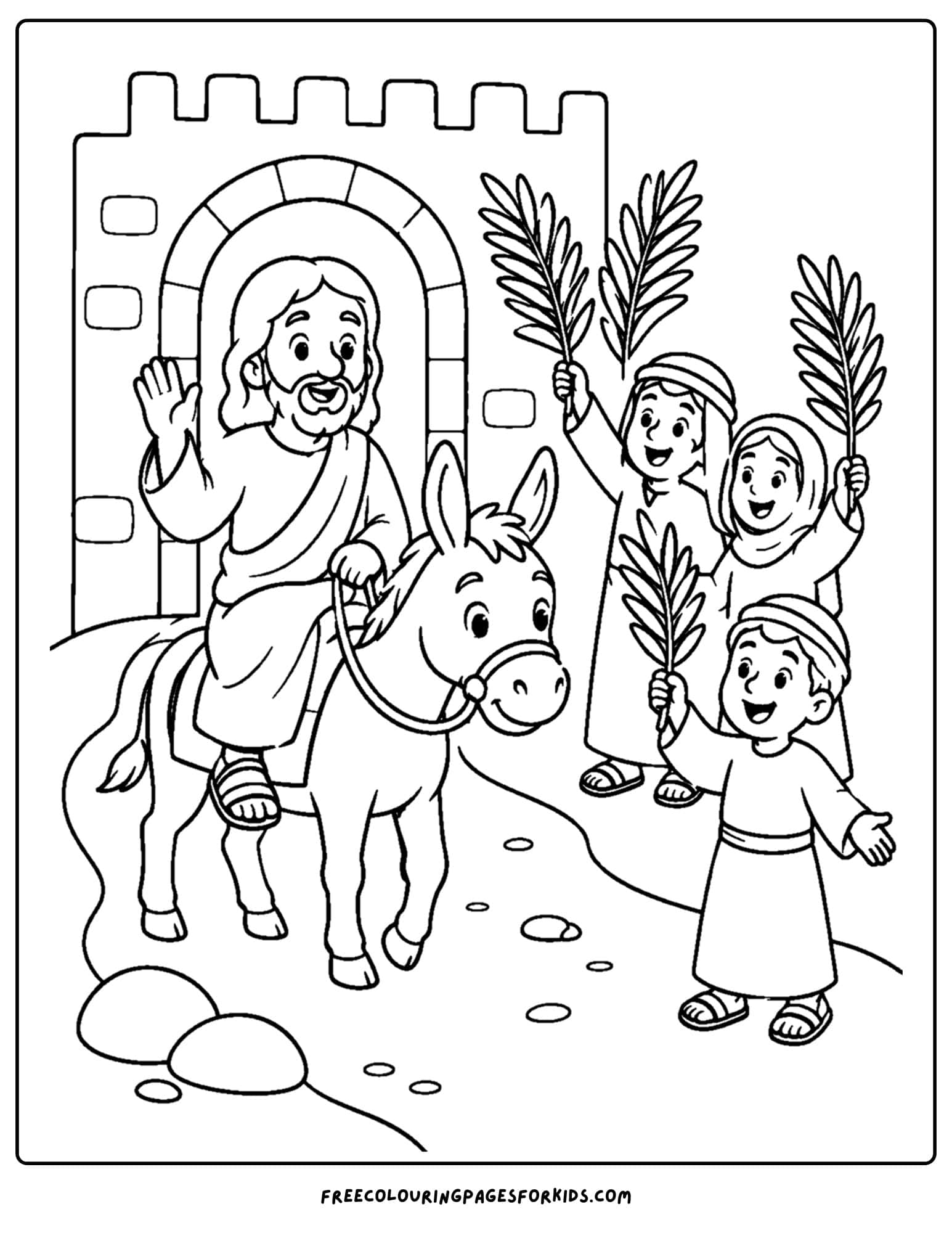 a coloring page of jesus entering jerusalem