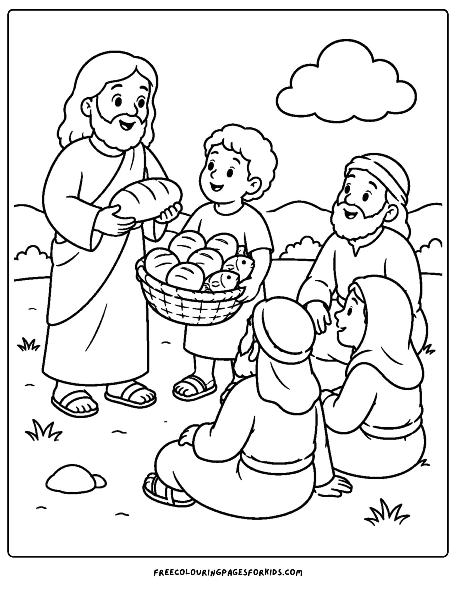 a coloring page of jesus feeding the crowd