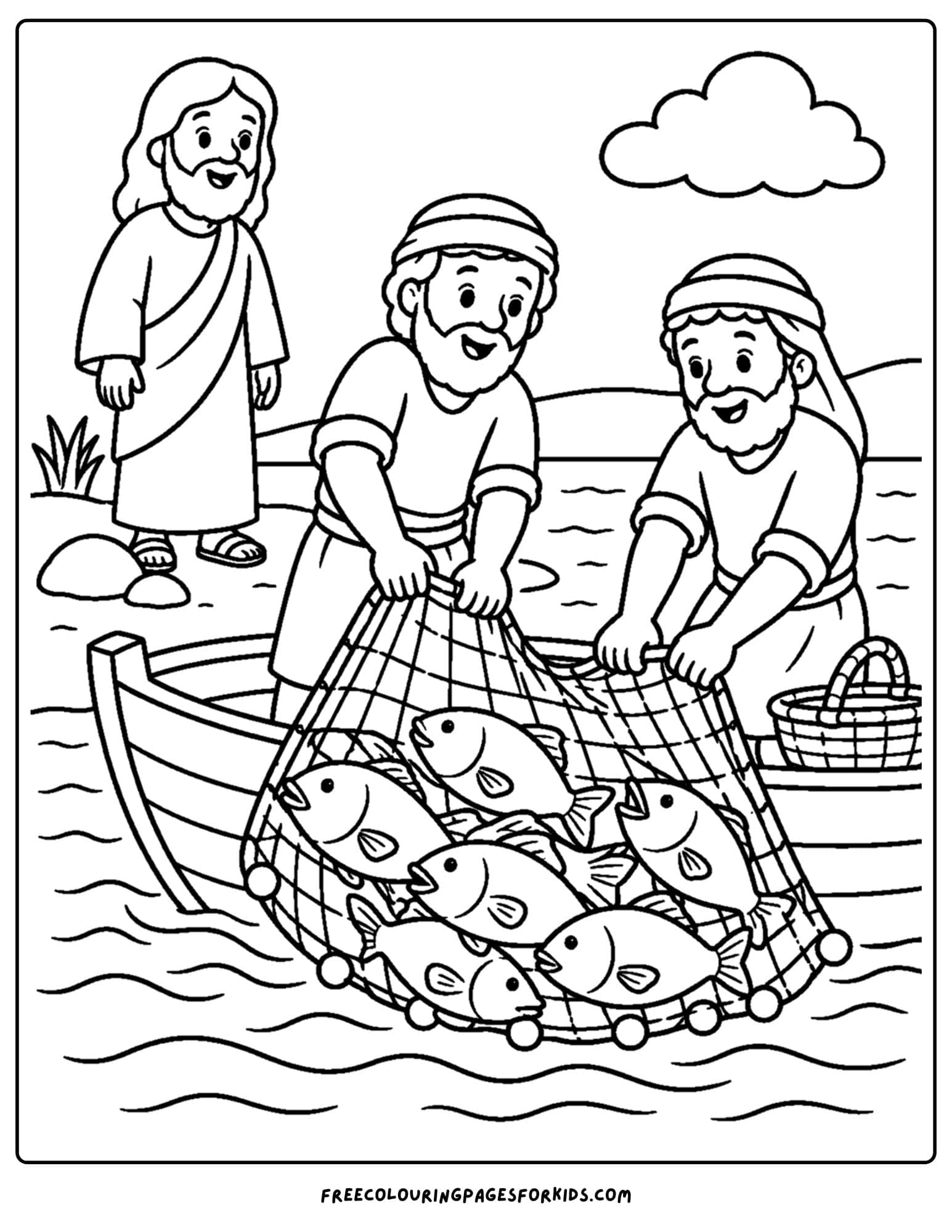 a coloring page of jesus helping with the fish catch