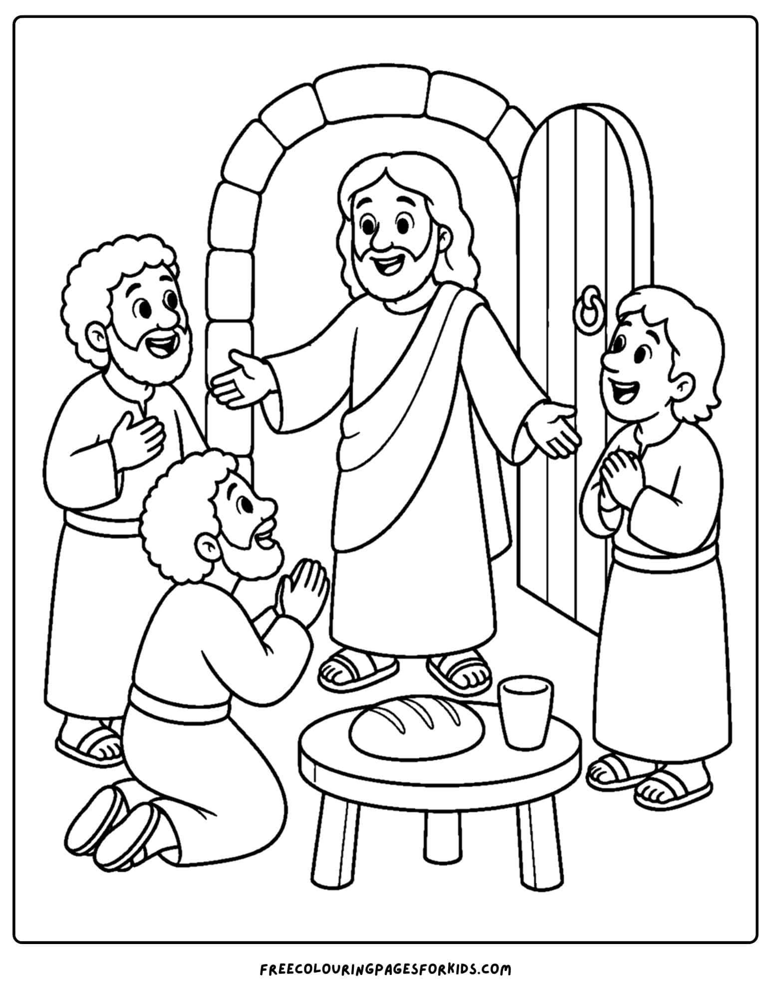 a coloring page of jesus greeting his deciples