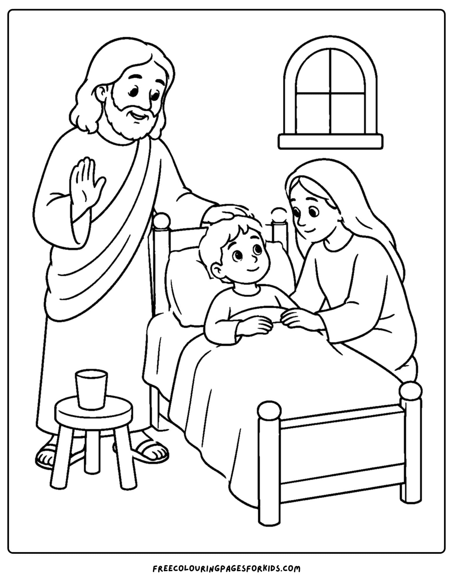 a coloring page of jesus healing a sick child