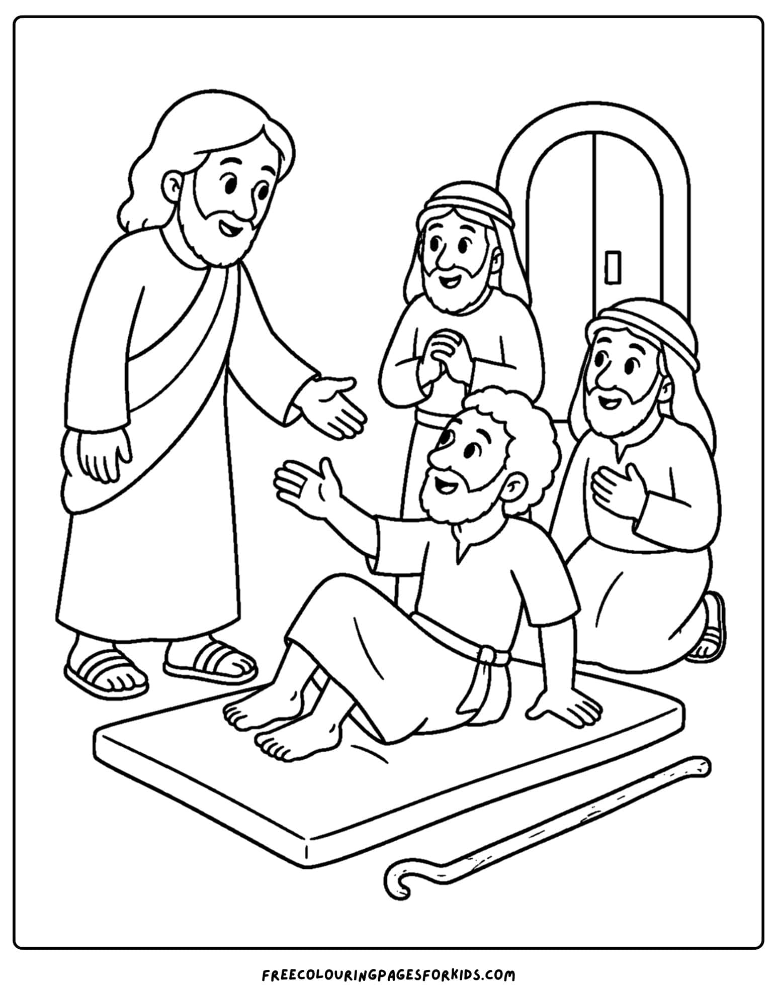 a coloring page of jesus helping a man to walk