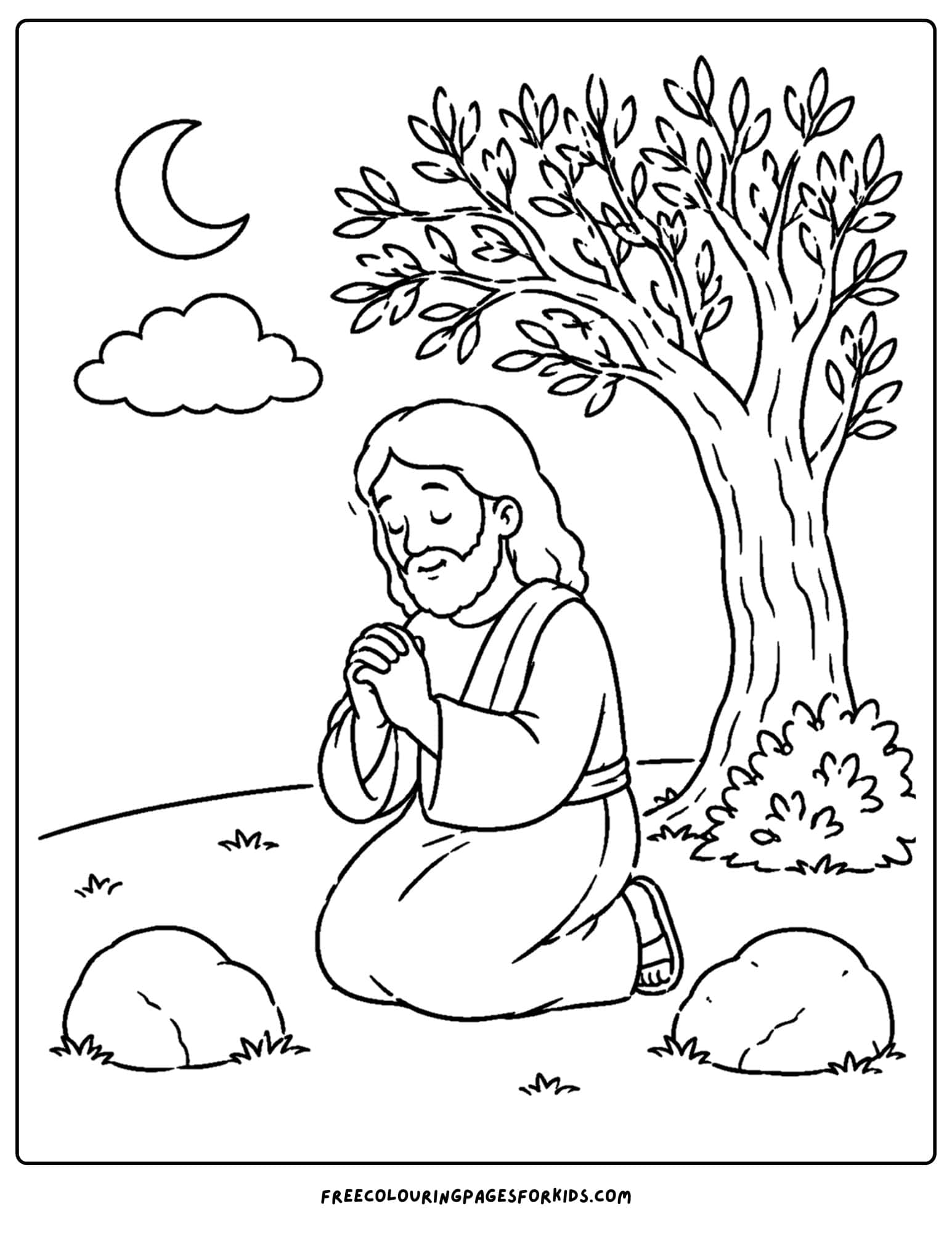 a coloring page of jesus praying in the garden