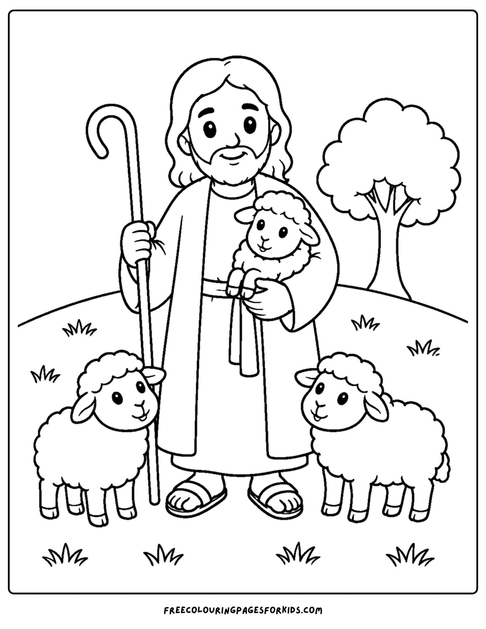 a coloring page of jesus as a shephard with a lamb