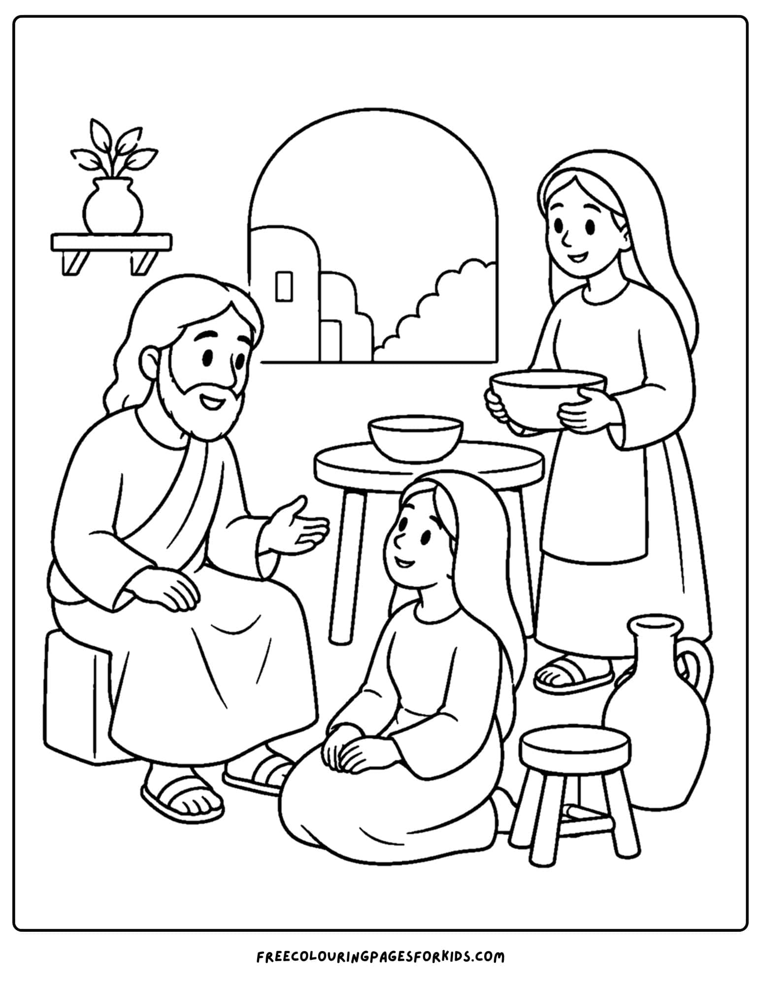 a coloring page of jesus visiting with mary and martha