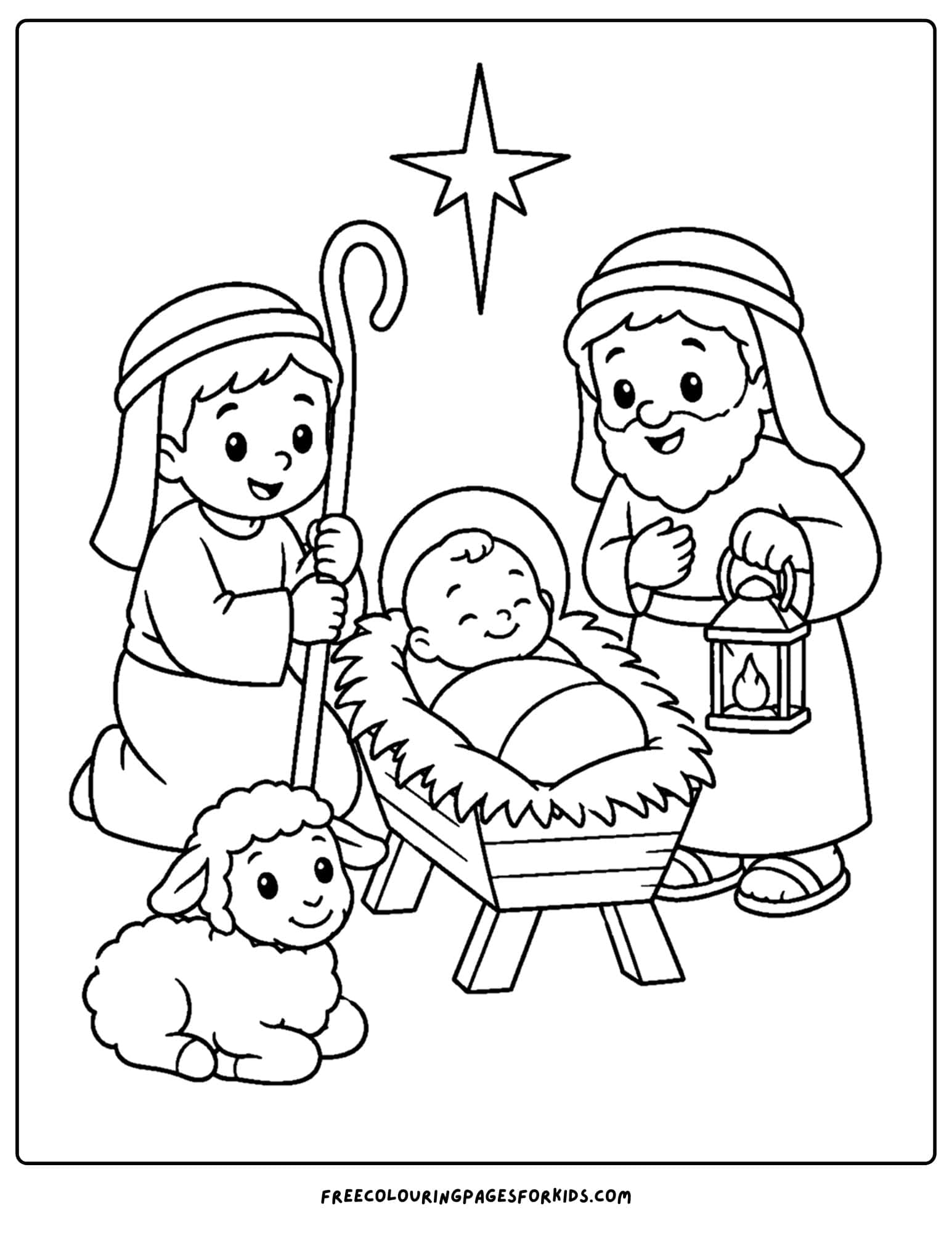 a coloring page of shepherds visiting baby jesus