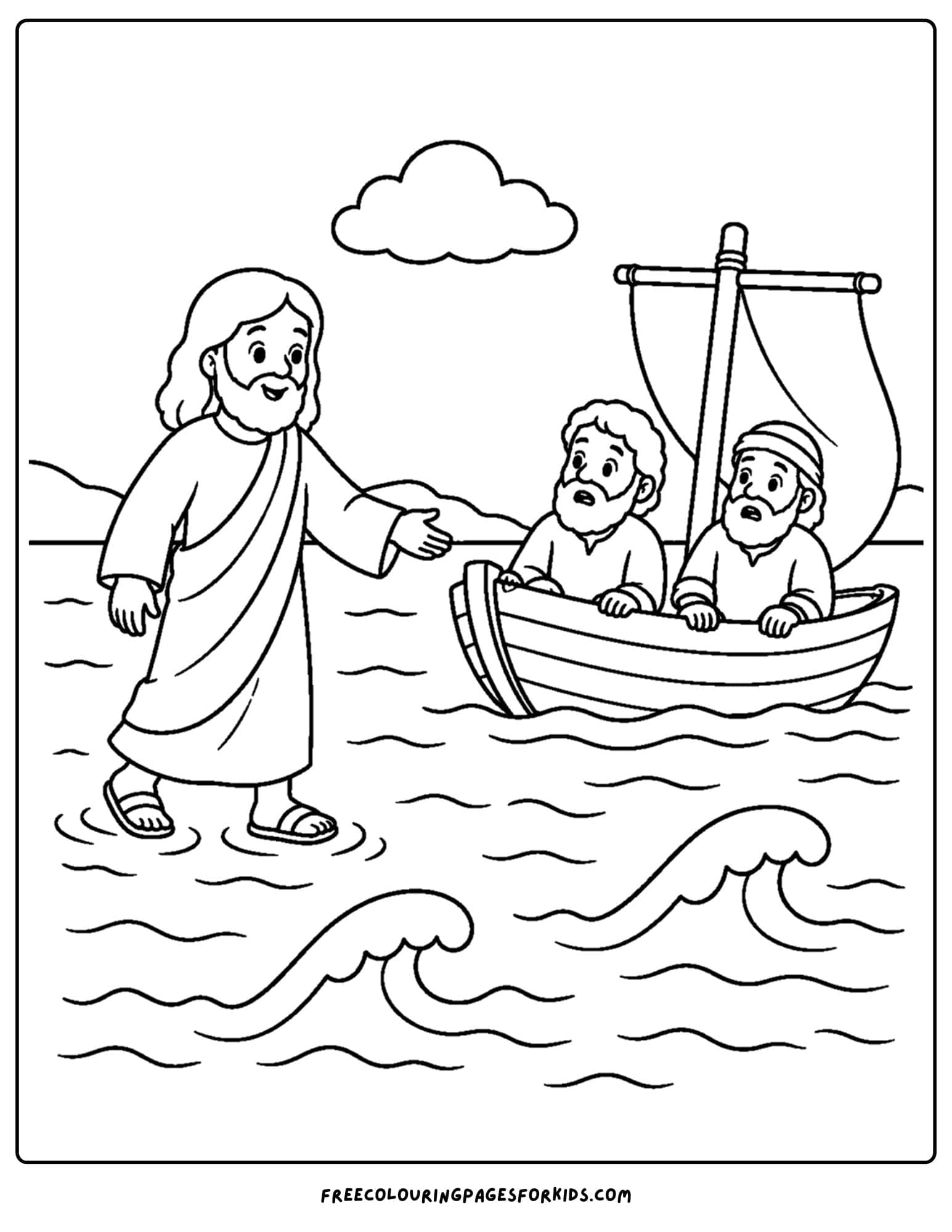 a coloring page of jesus walking on water