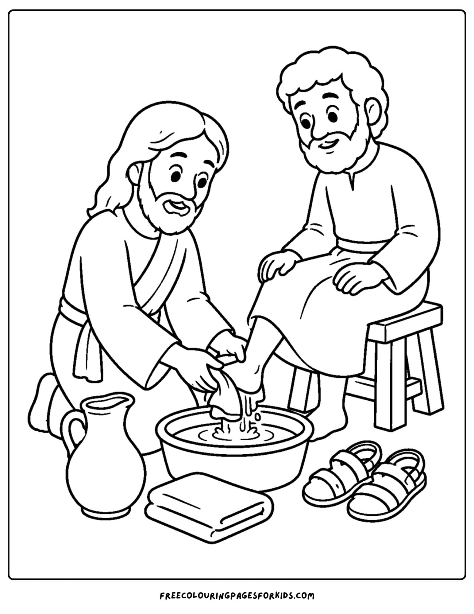 a coloring page of jesus washing a disciples feet