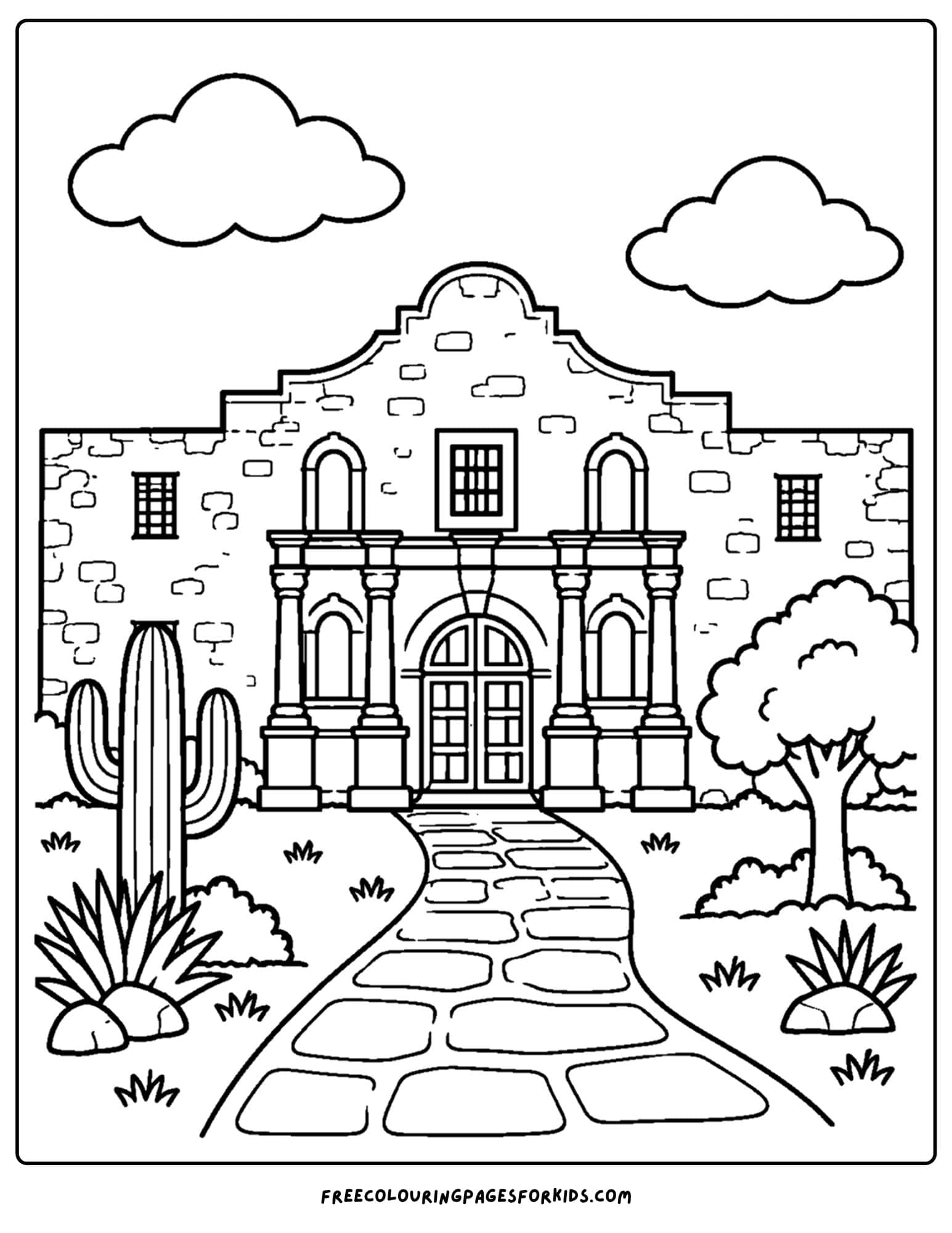 a coloring page of a landmark named the alamo in texas