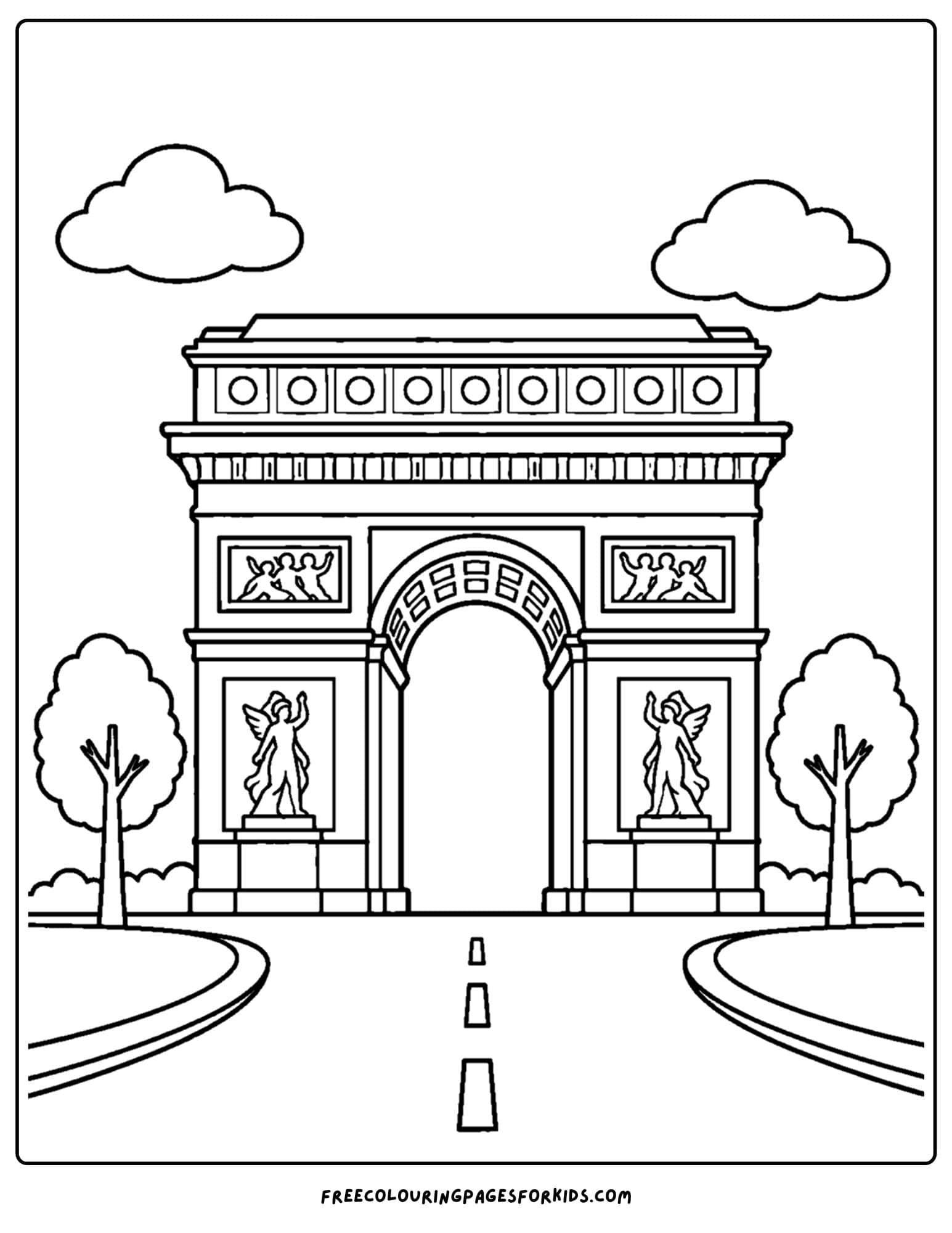 a coloring page of a landmark named the arc de triomphe in paris