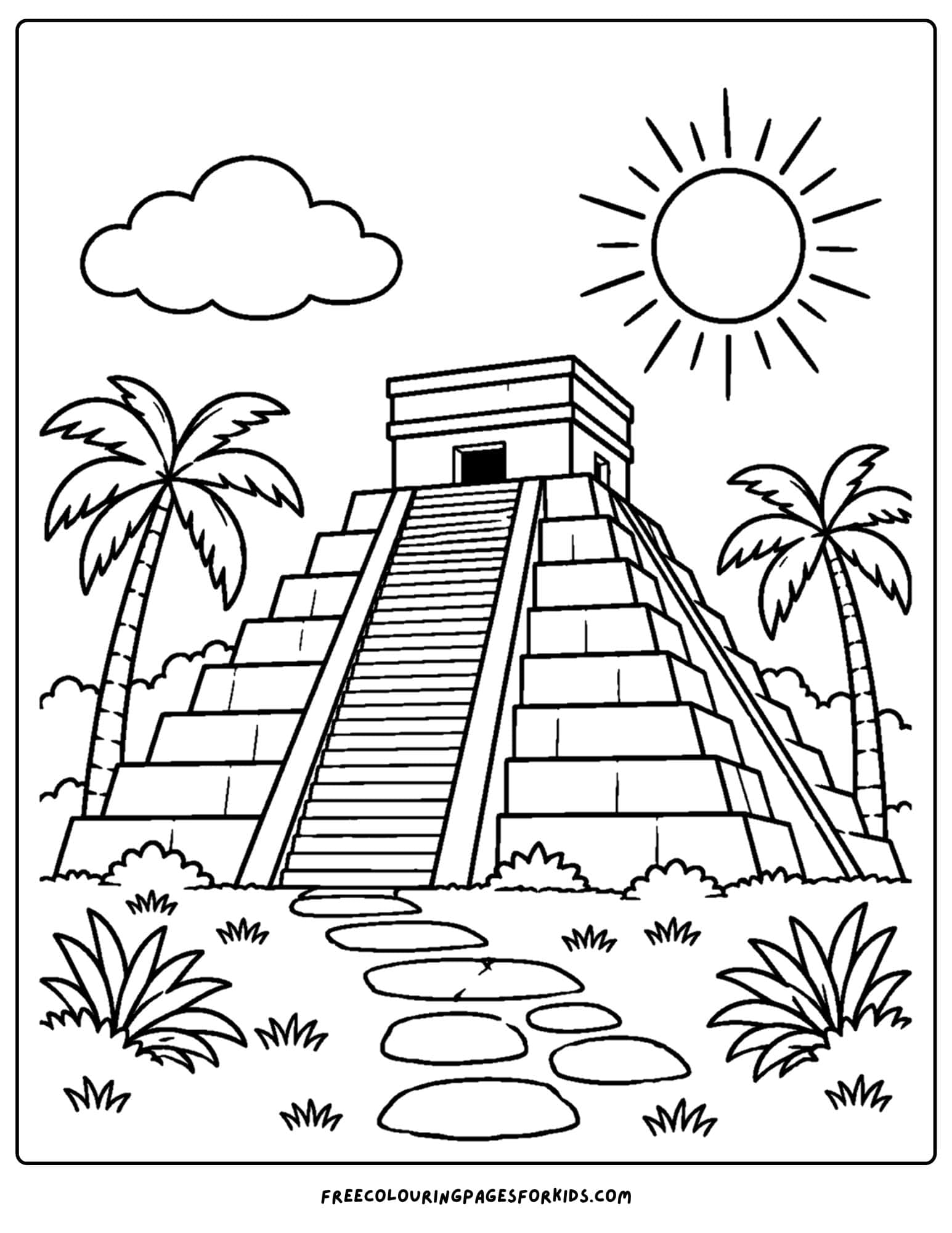 a coloring page of a landmark named the chicchen itza in mexico