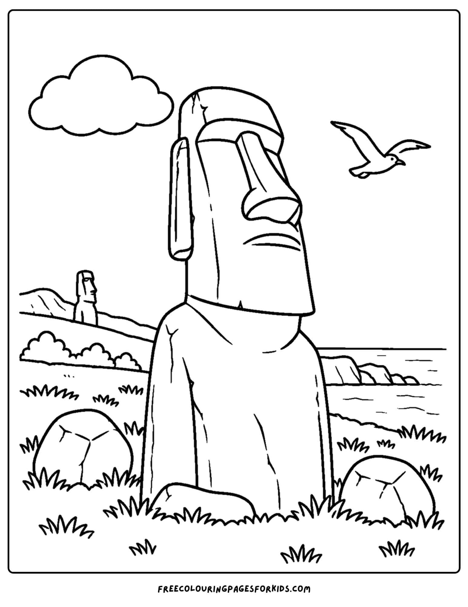 a coloring page of a landmark named the moai on easter island