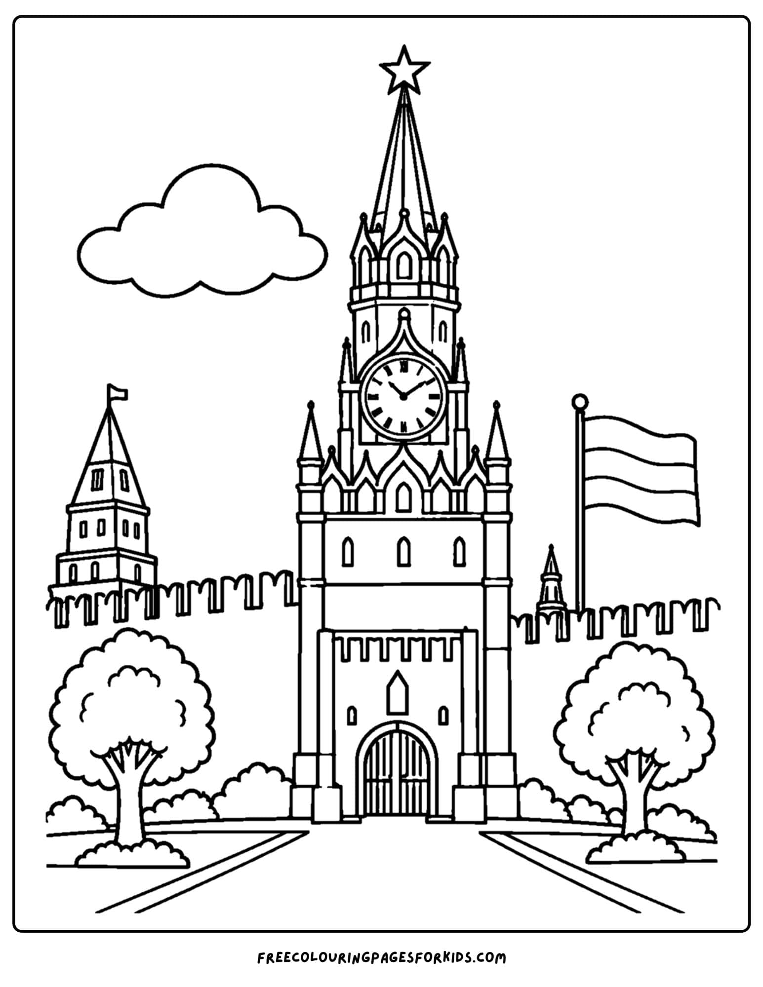 a coloring page of a landmark named the kremlin tower in moscow