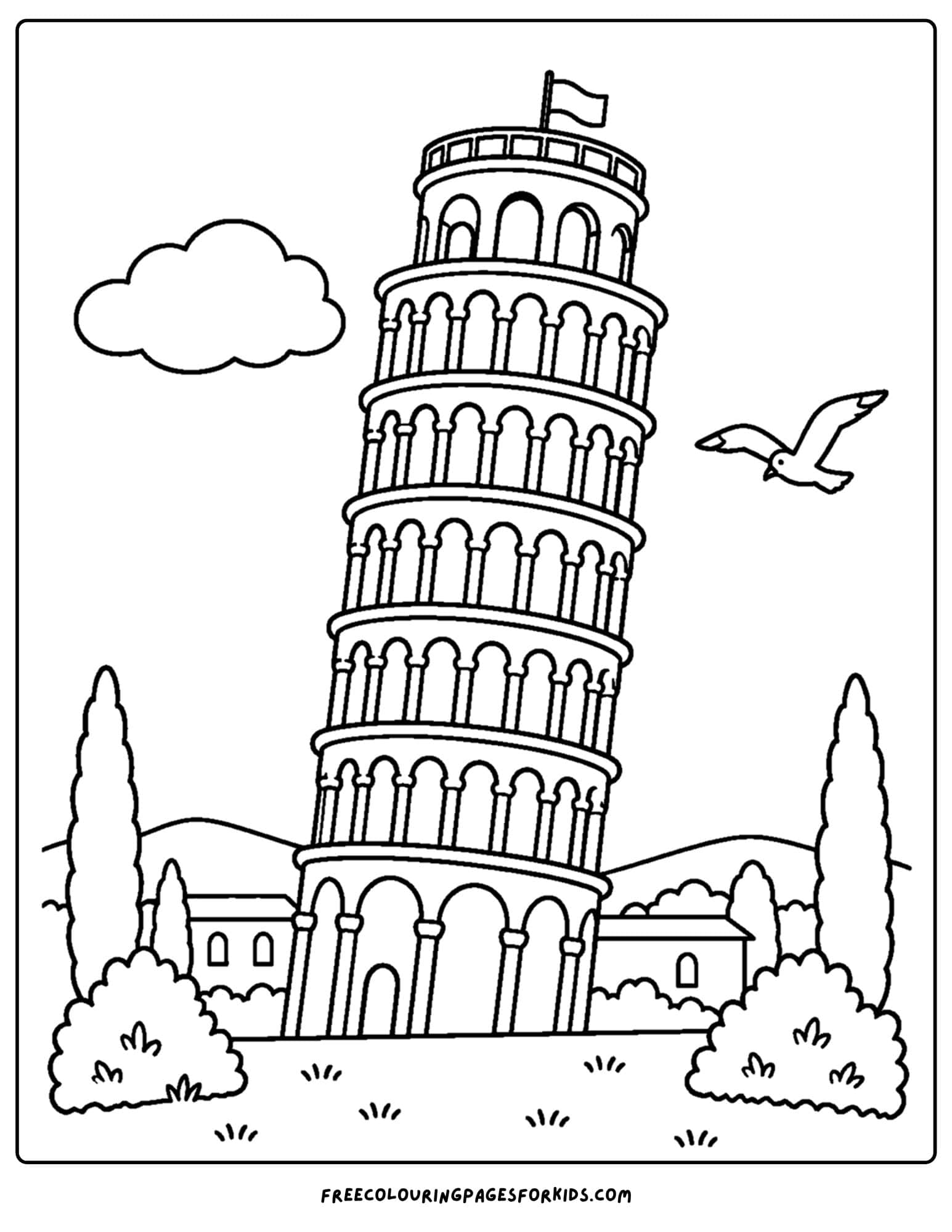 a coloring page of a landmark named the leaaning tower of pisa