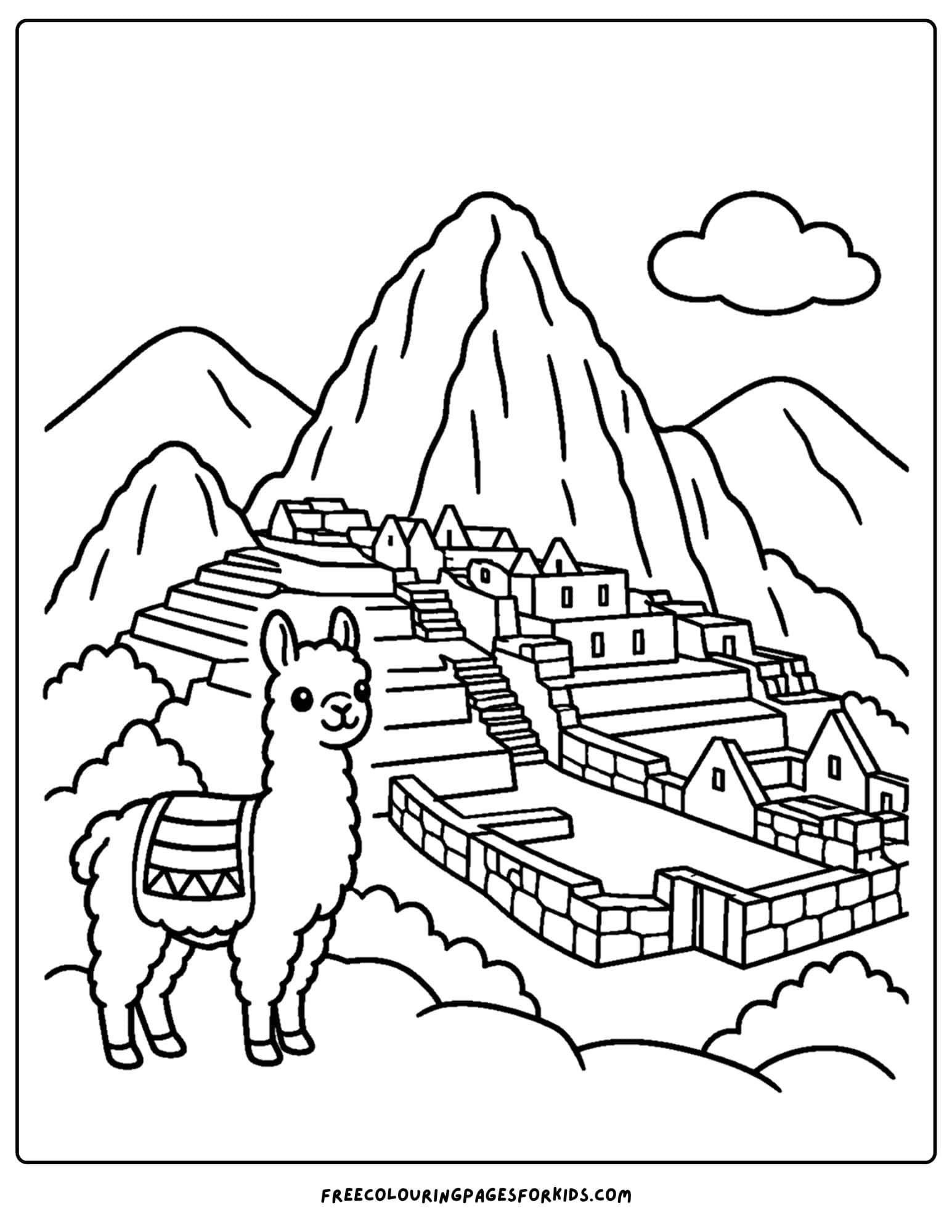 a coloring page of a landmark named the machu picchu in peru