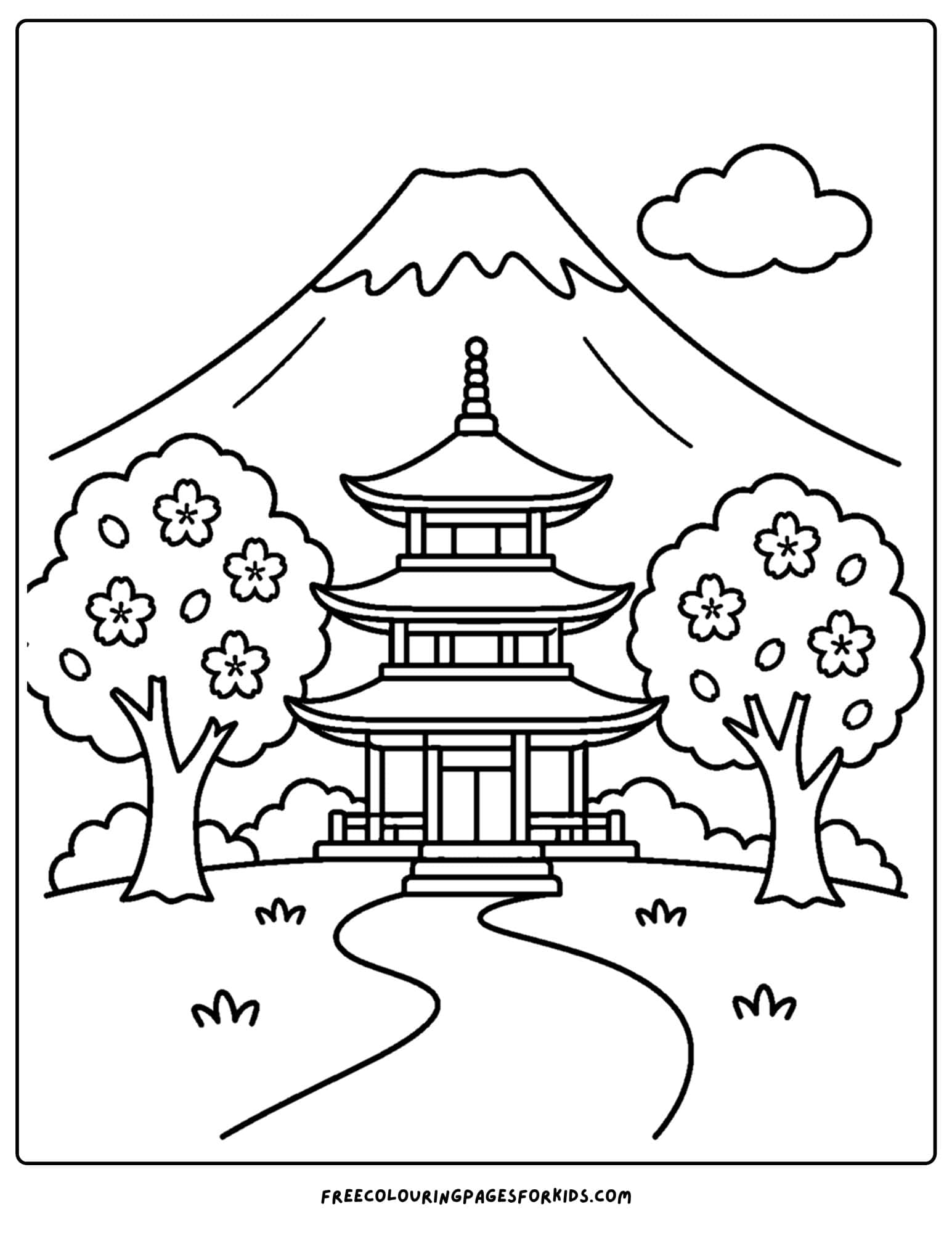 a coloring page of a landmark named the mount fuji pagoda in japan
