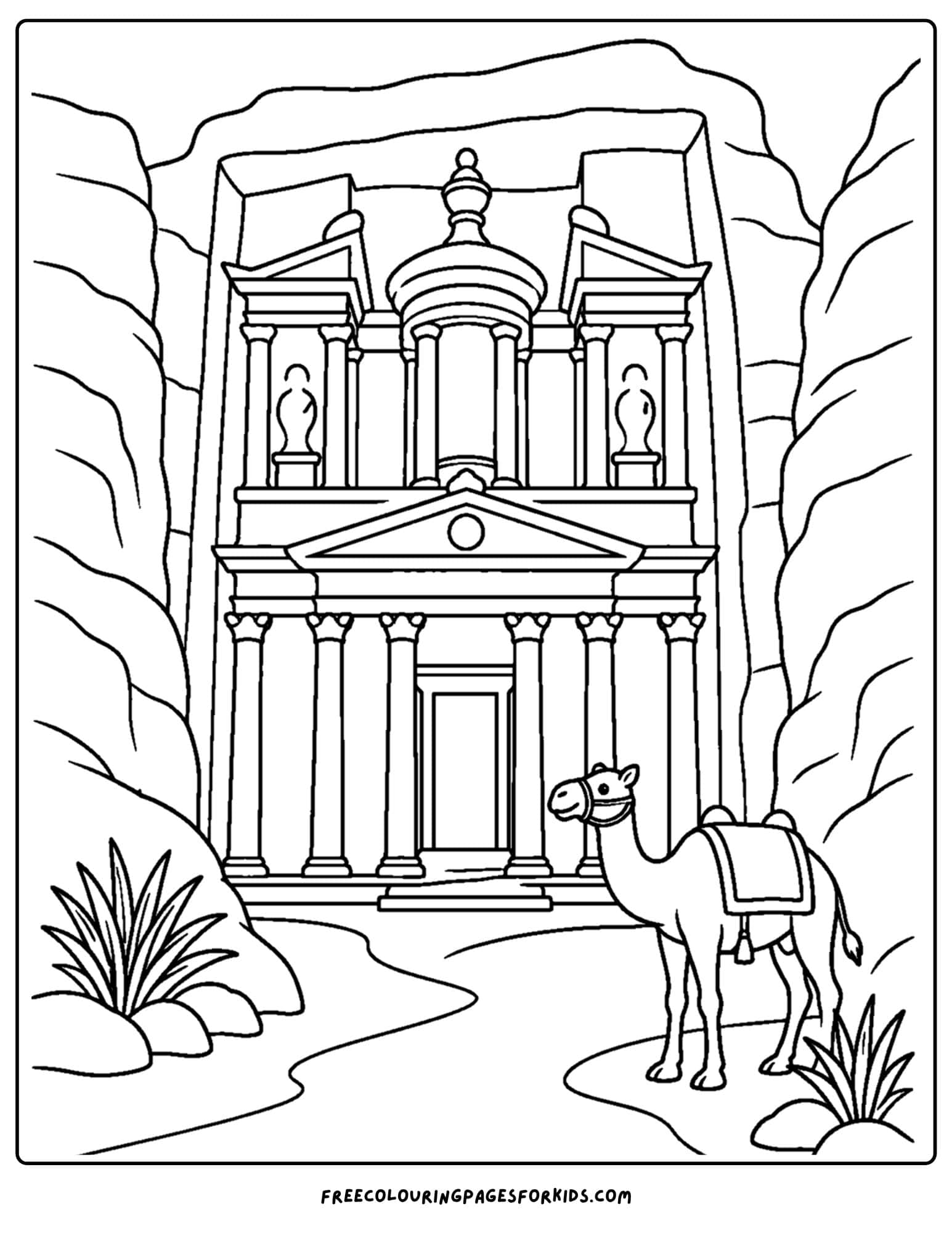 a coloring page of a landmark named the treasury in petra jordan