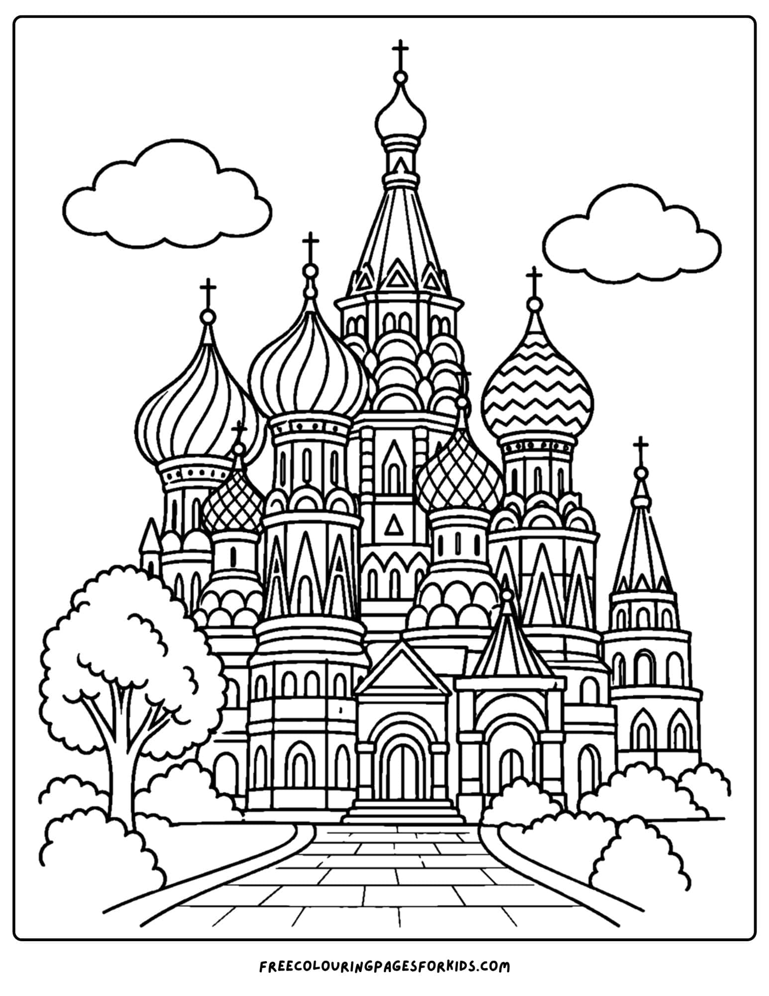a coloring page of a landmark named st basils cathedral in moscow