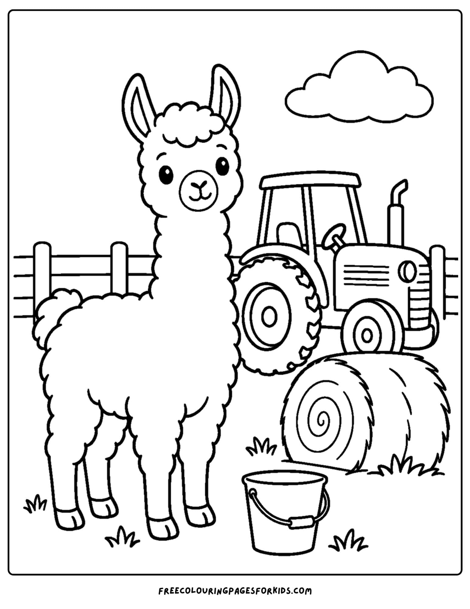 a coloring page of a llama beside a tractor