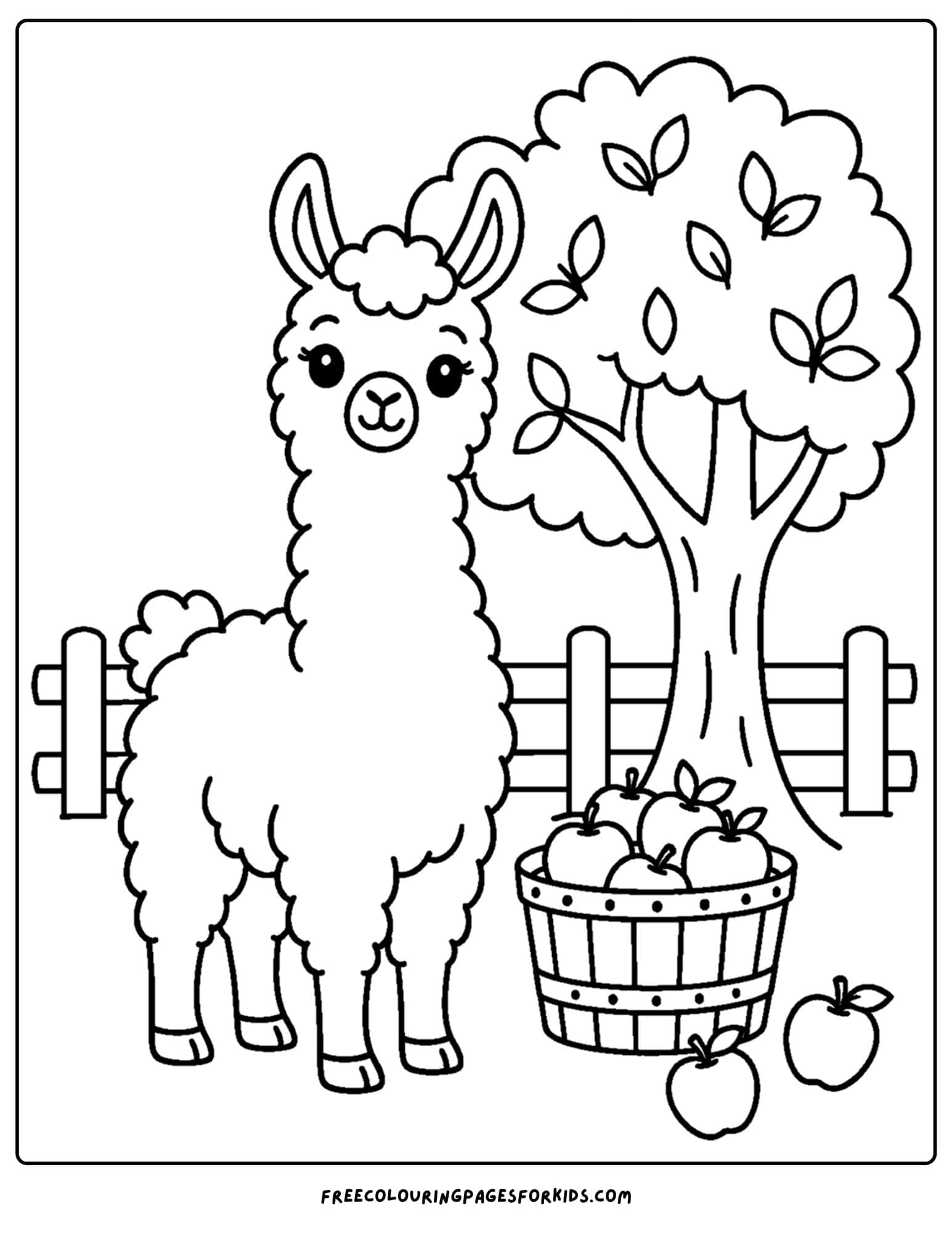 a coloring page of a llama under an apple tree with a basket of apples