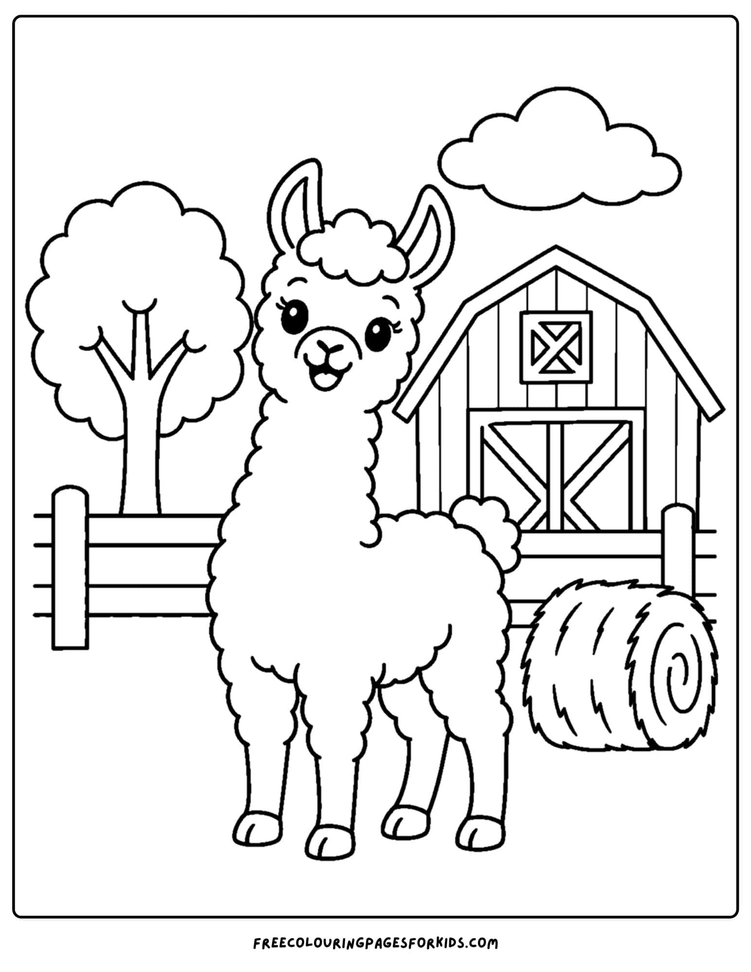 a coloring page of a llama in front of a barn