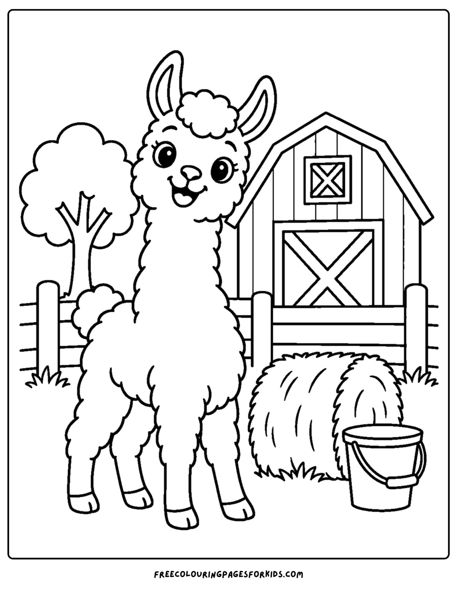 a coloring page of a llama beside a barn and a bale of hay