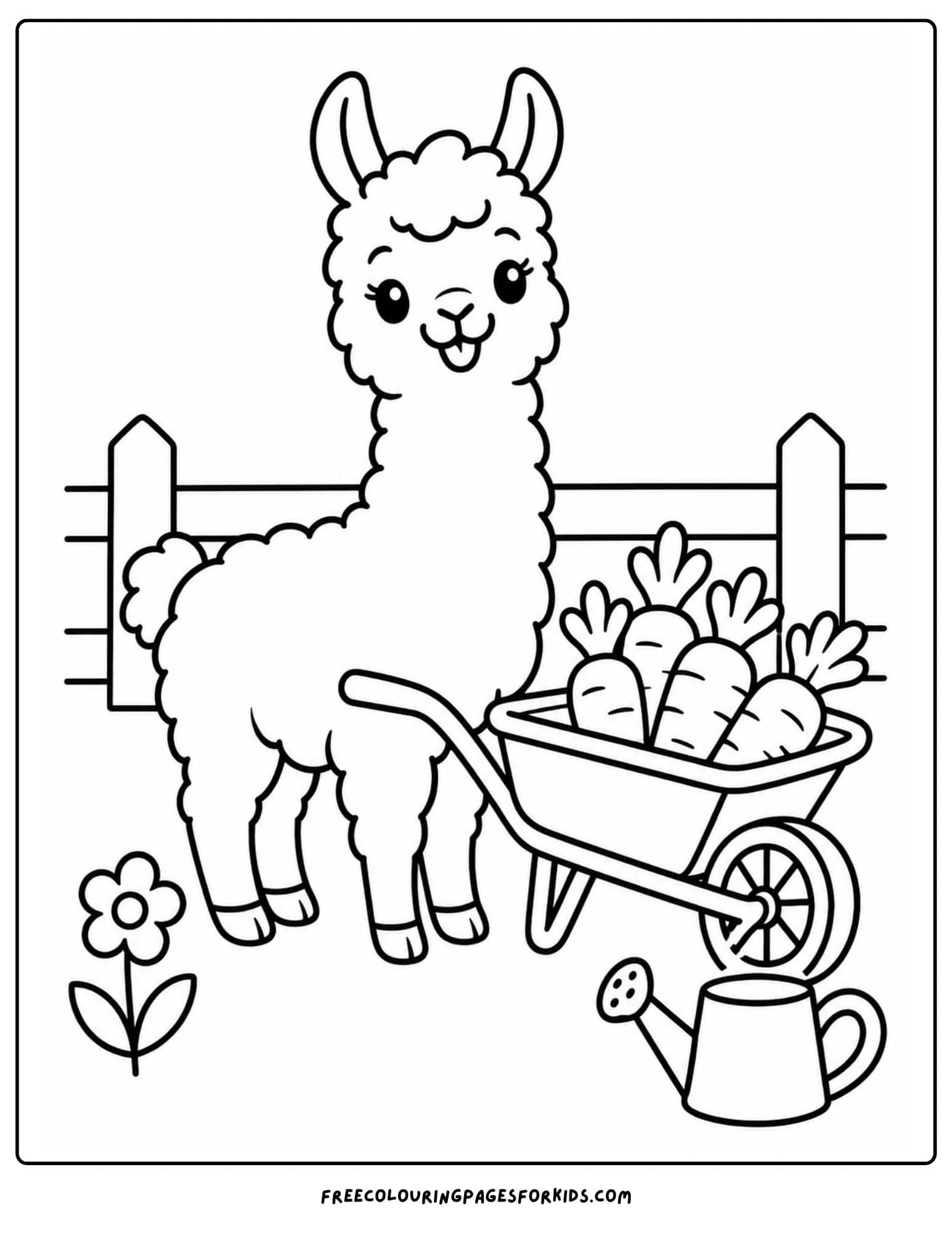 a coloring page of a llama and a wheelbarrow full of carrots