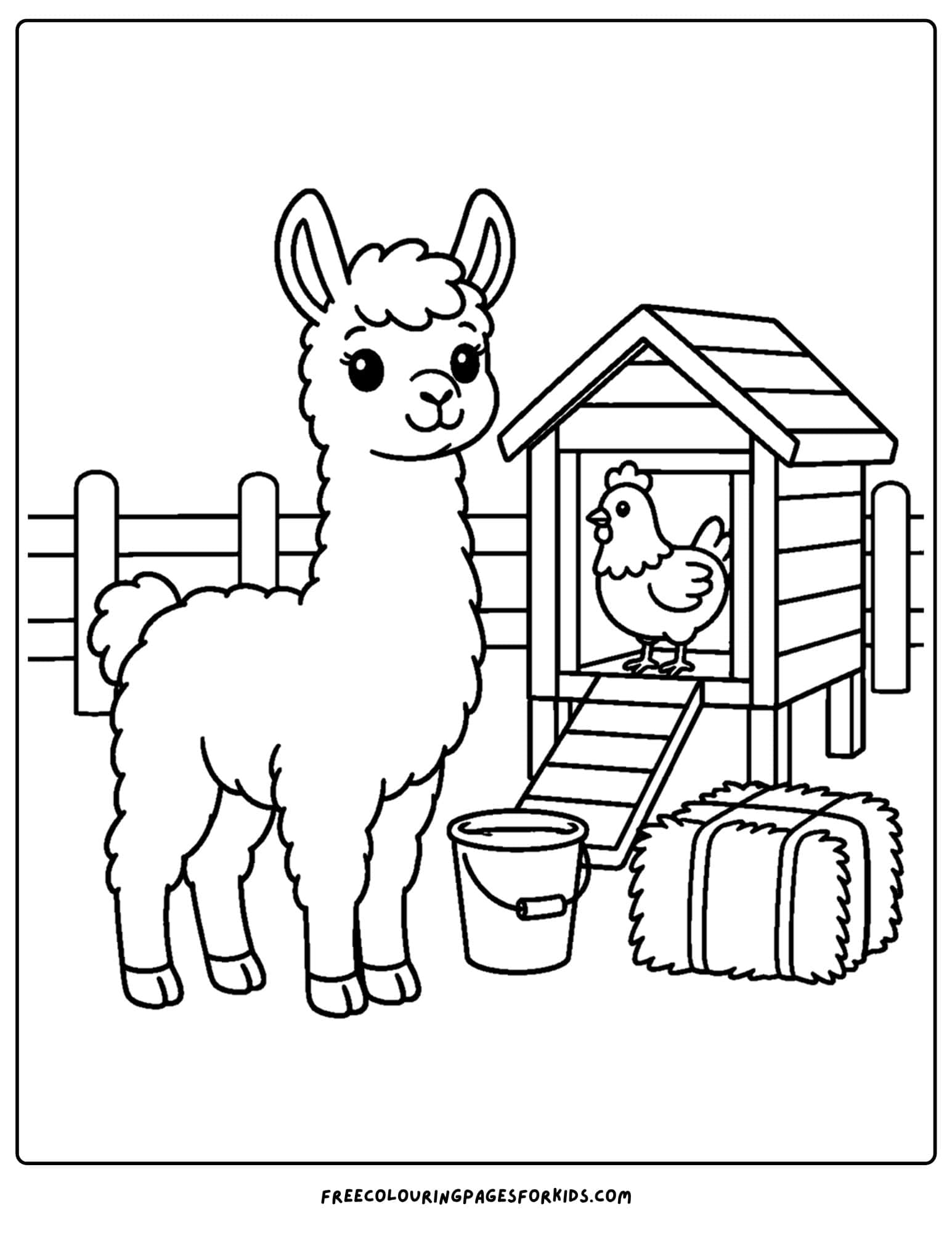 a coloring page of a llama beside a chicken coop