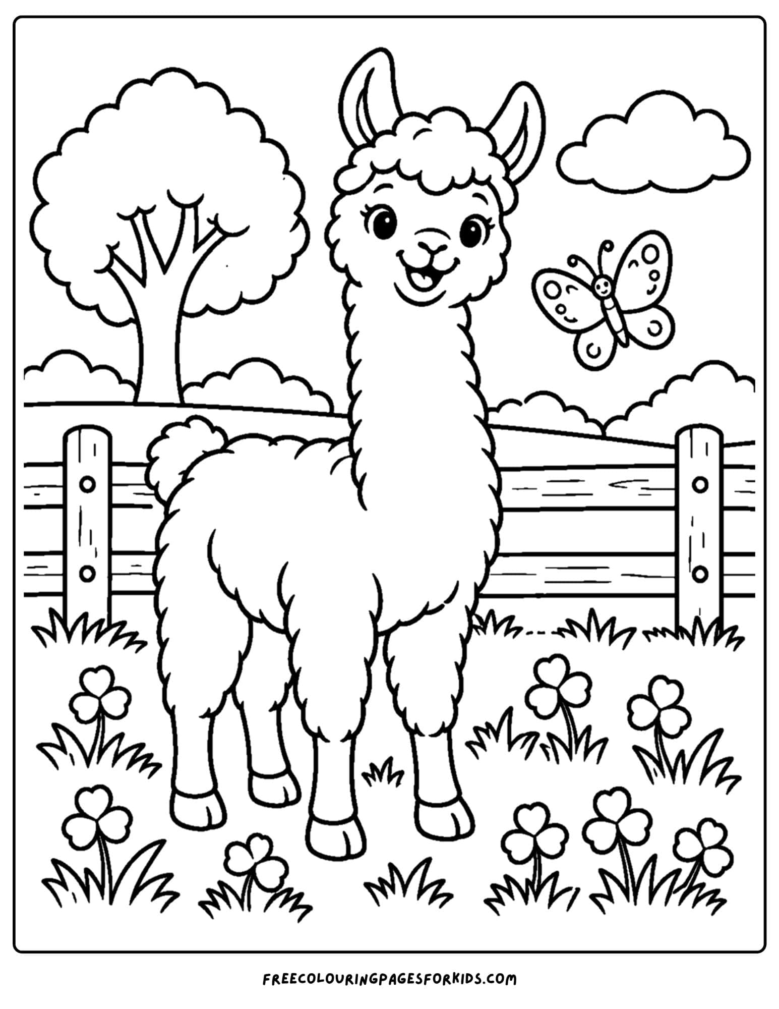 a coloring page of a llama in a clover patch